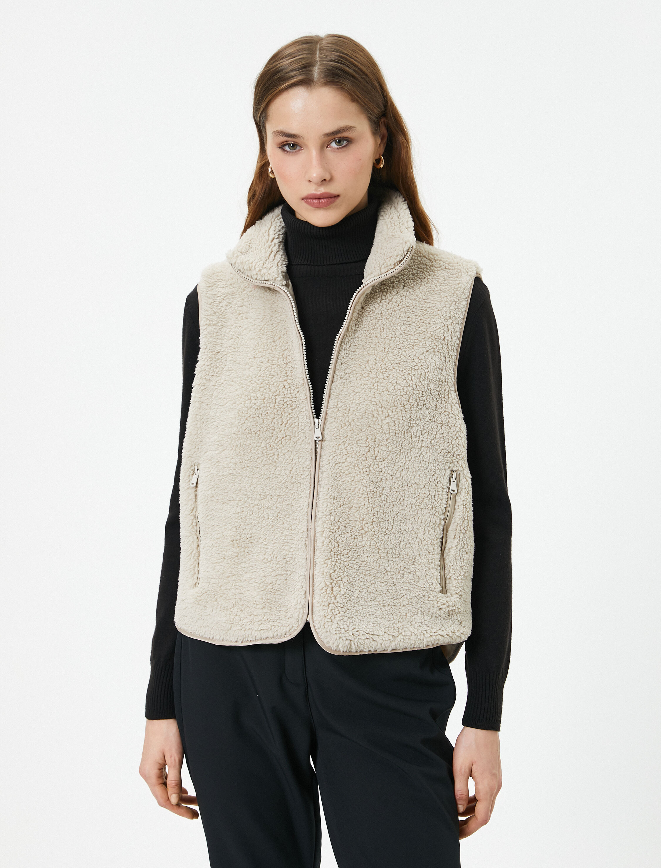   Peluş Yelek Outdoor Dik Yaka Yarım Fermuarlı