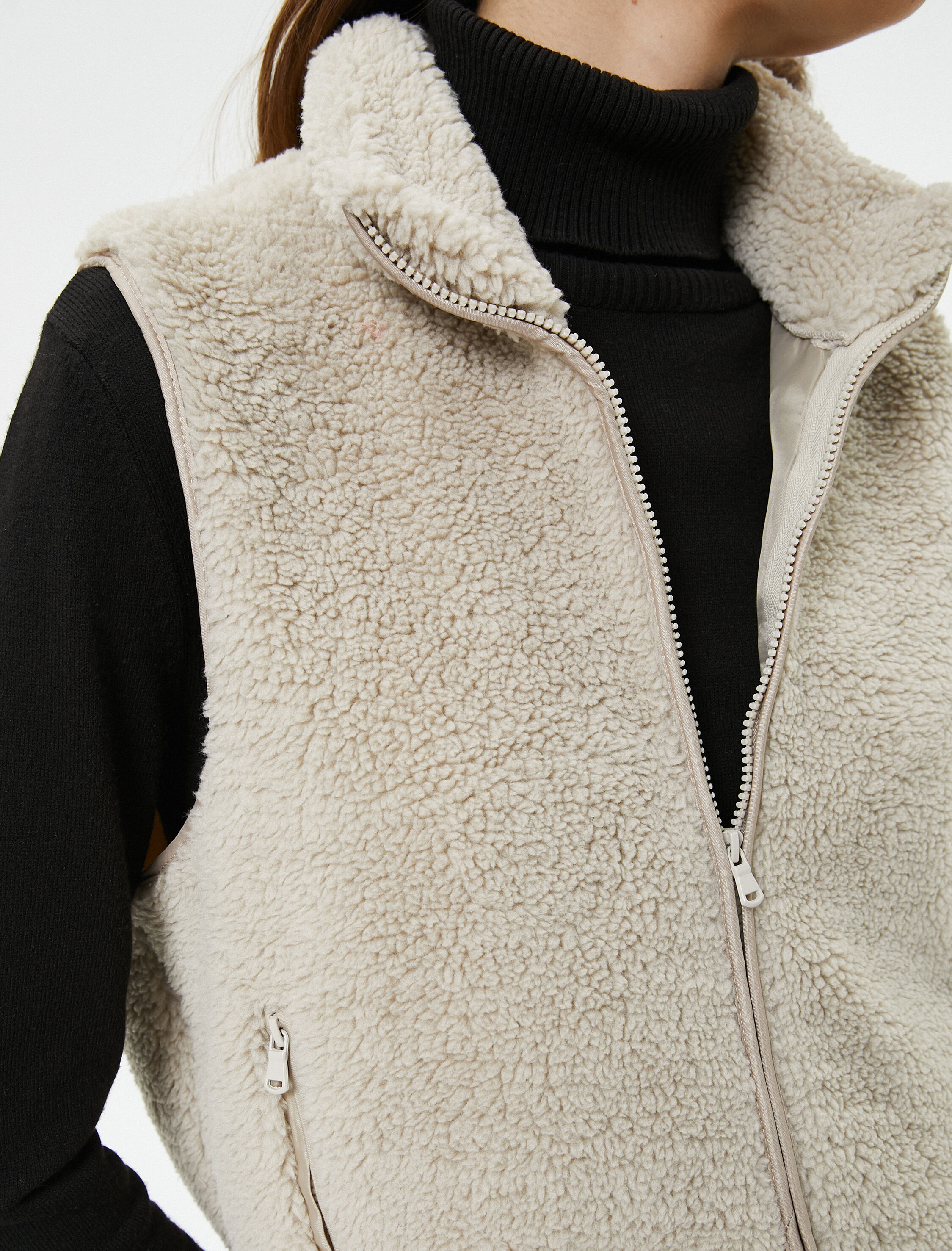   Peluş Yelek Outdoor Dik Yaka Yarım Fermuarlı