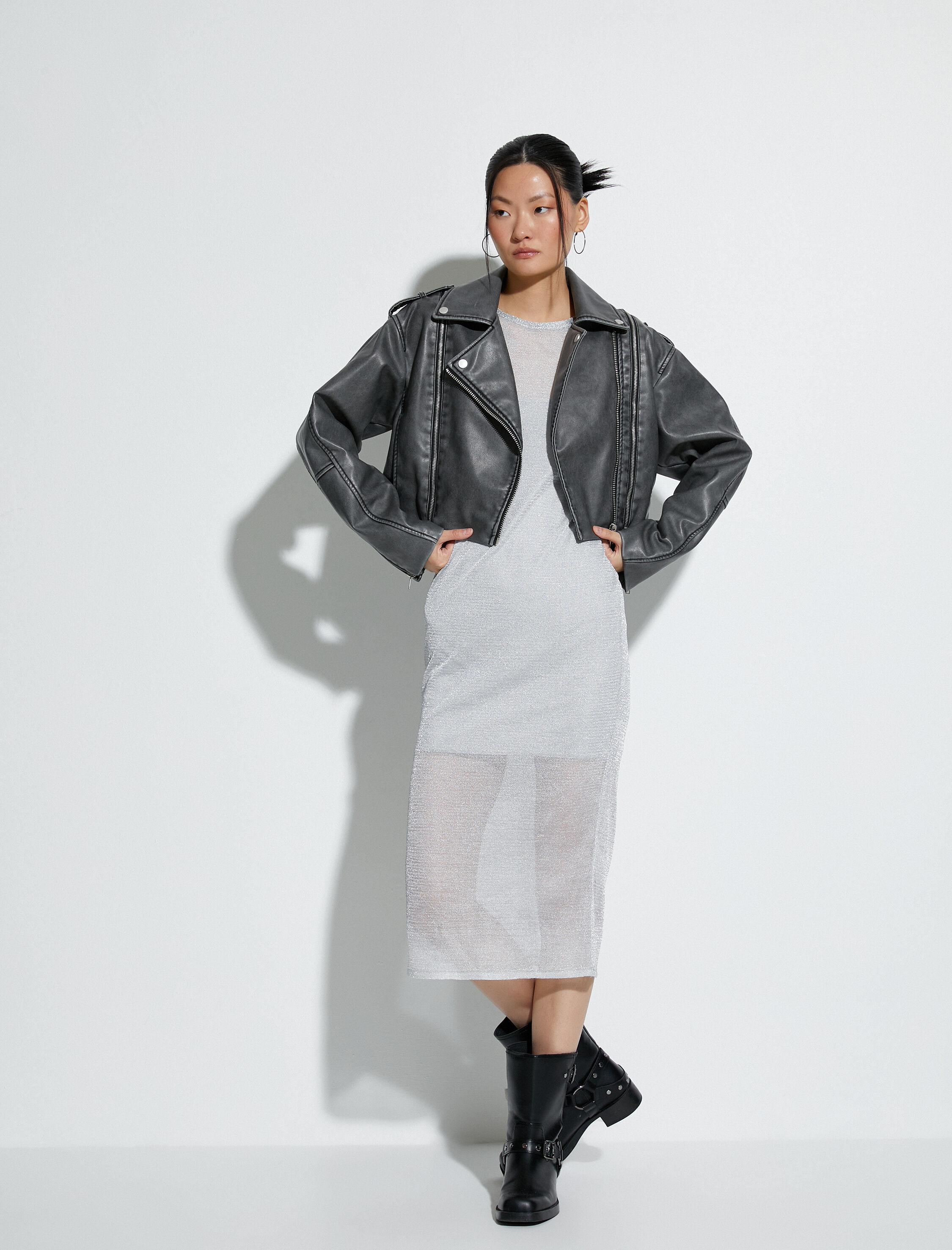 Oversize Suni Deri Ceket Fermuarlı Soluk Efektli