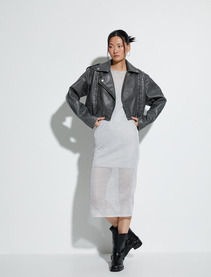  Oversize Suni Deri Ceket Fermuarlı Soluk Efektli