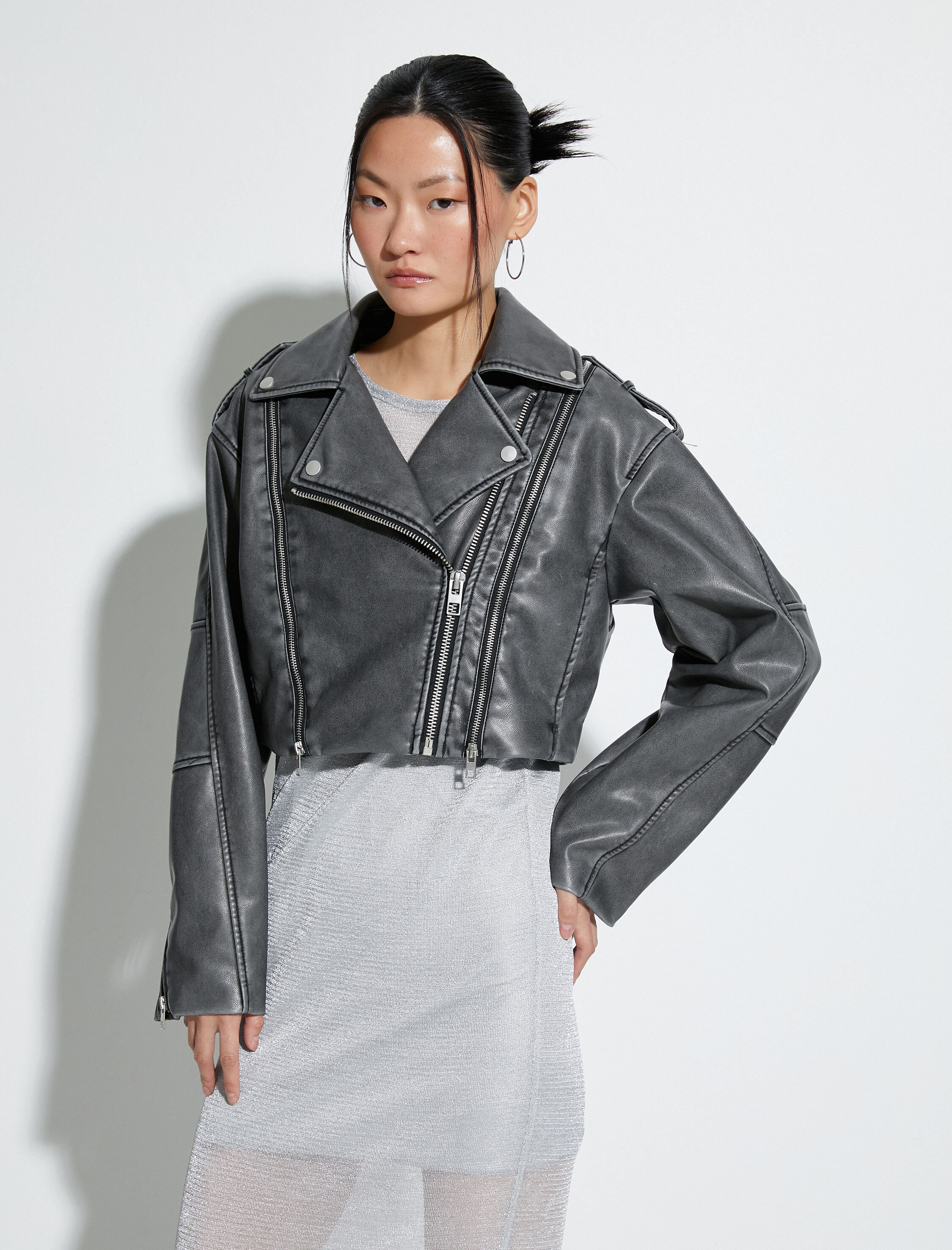 Oversize Suni Deri Ceket Fermuarlı Soluk Efektli