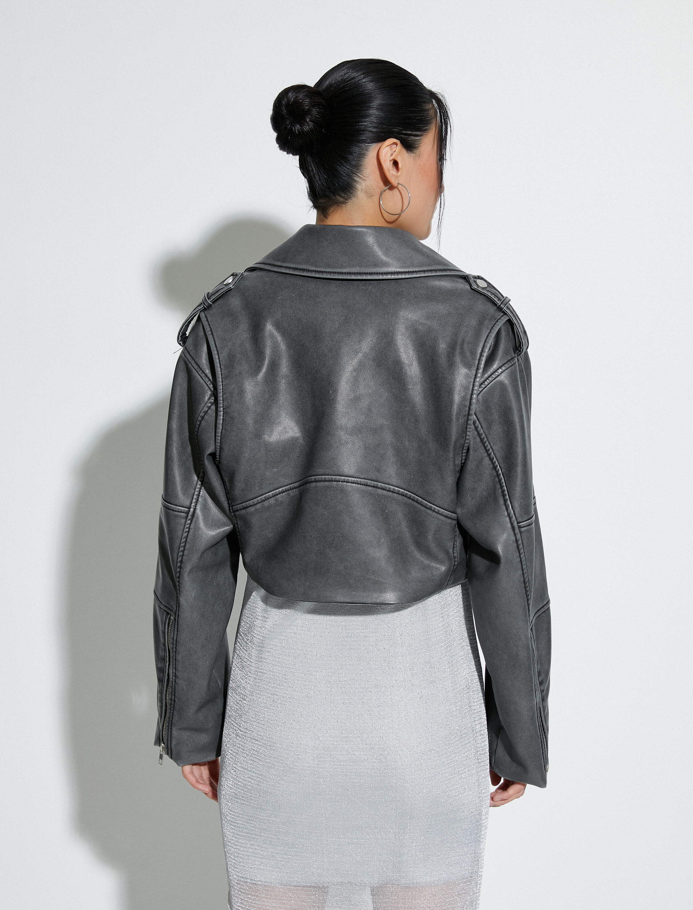 Oversize Suni Deri Ceket Fermuarlı Soluk Efektli