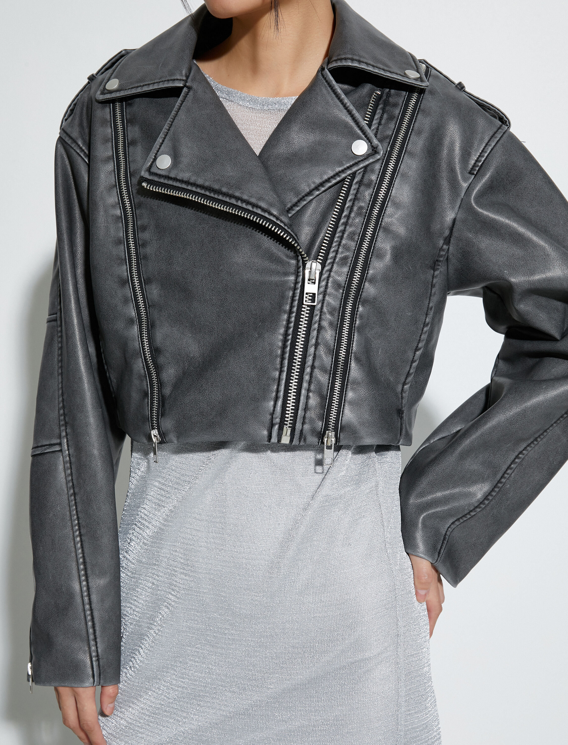 Oversize Suni Deri Ceket Fermuarlı Soluk Efektli