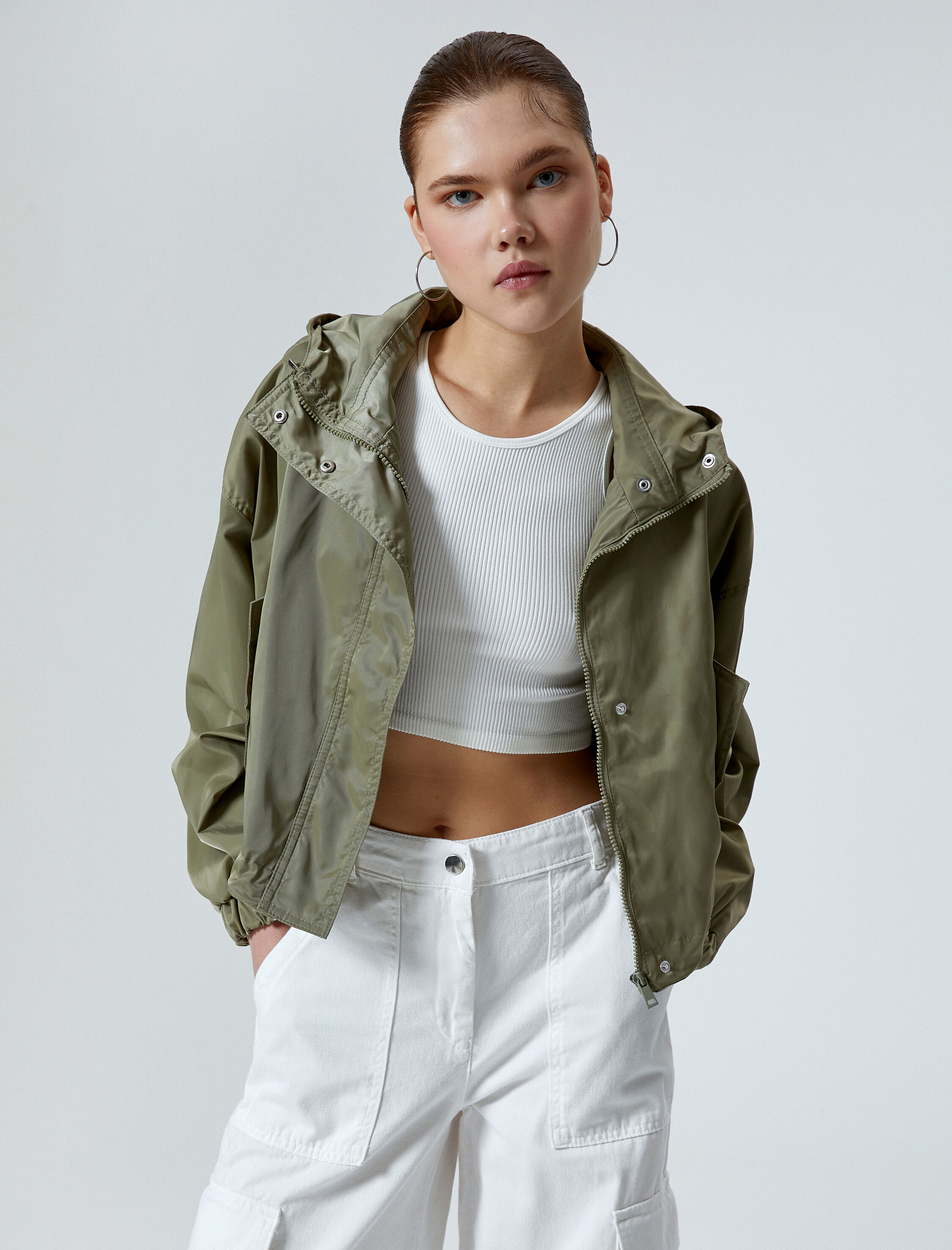   Oversize Bomber Ceket Kapüşonlu Cepli Fermuarlı