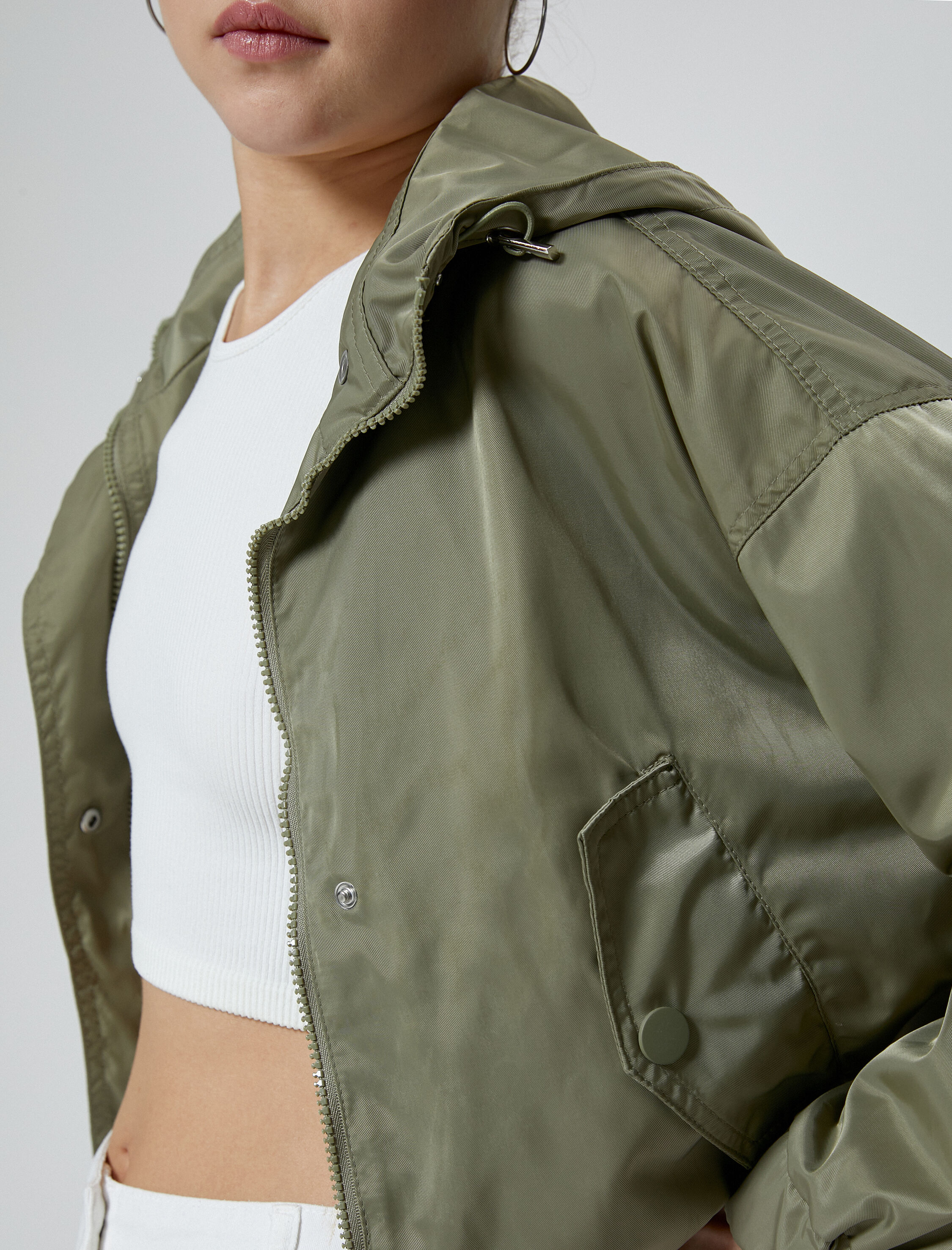   Oversize Bomber Ceket Kapüşonlu Cepli Fermuarlı