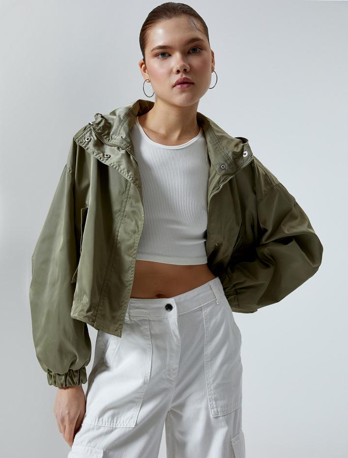  Oversize Bomber Ceket Kapüşonlu Cepli Fermuarlı