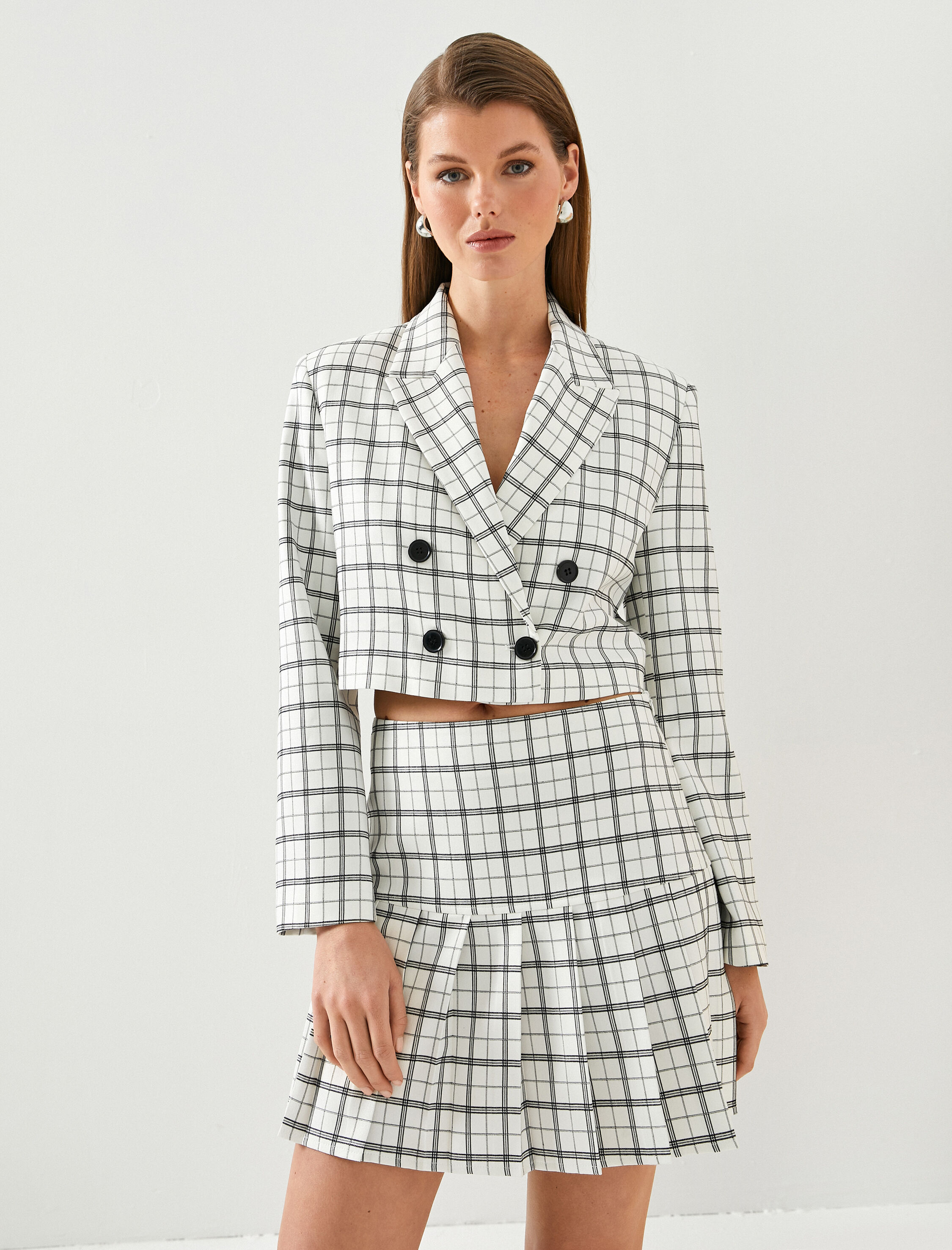   Crop Blazer Ceket Kruvaze Kapama Düğmeli