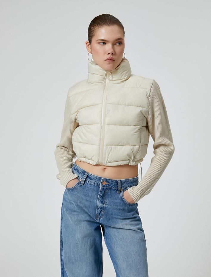  Şişme Mont Triko Kollu Dik Yaka Fermuarlı