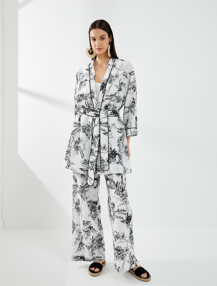  Çiçekli Kimono Kuşak Detaylı Geniş Kollu Biyeli