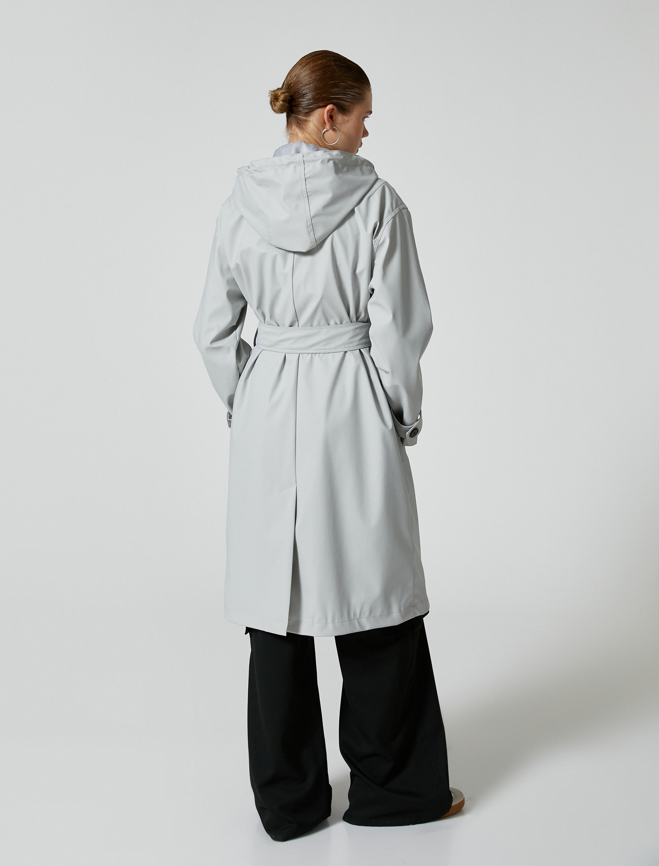   Trençkot Kapşonlu Kruvaze Düğmeli Cepli Kemer Detaylı