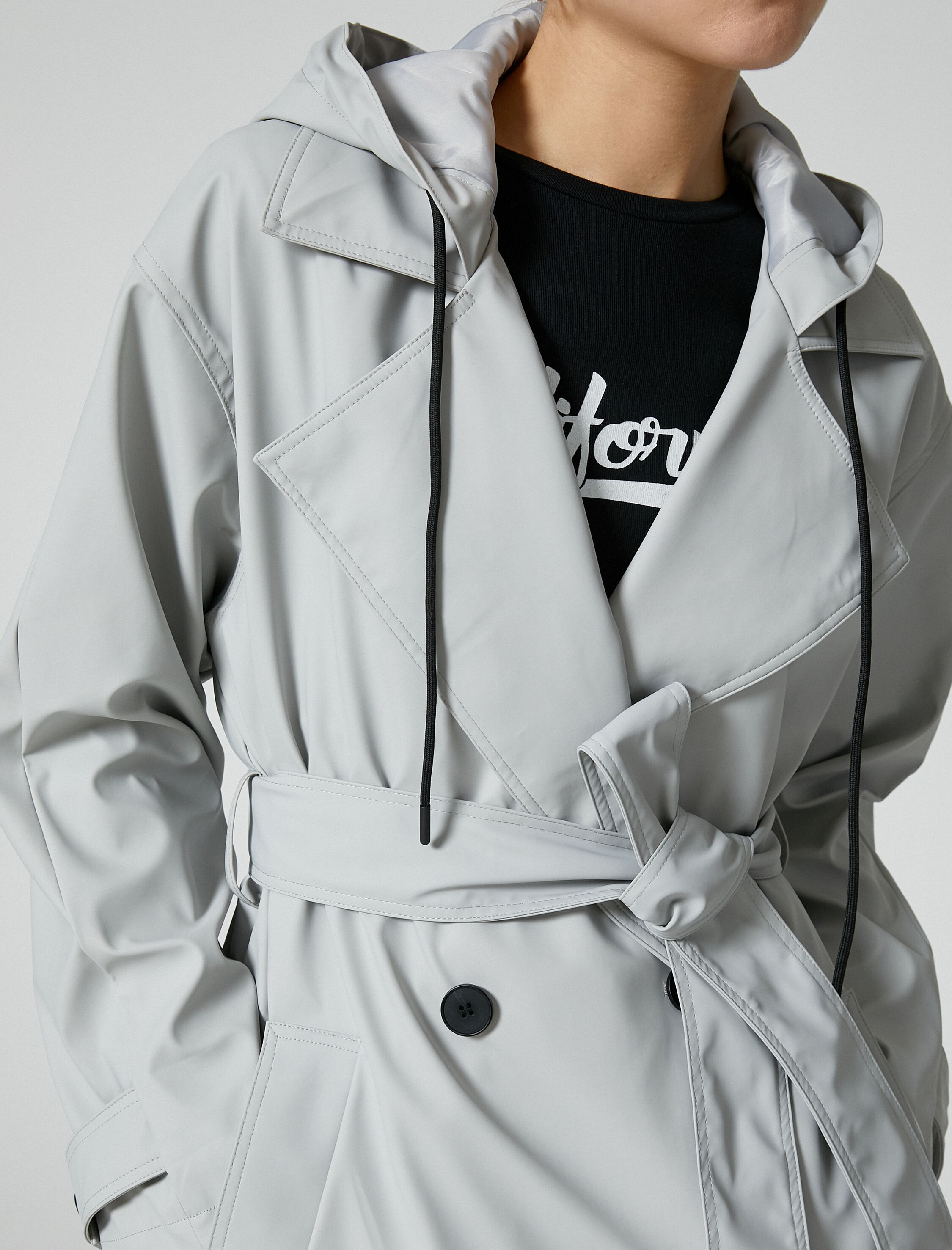   Trençkot Kapşonlu Kruvaze Düğmeli Cepli Kemer Detaylı