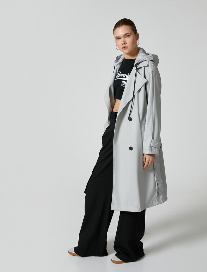  Trençkot Kapşonlu Kruvaze Düğmeli Cepli Kemer Detaylı