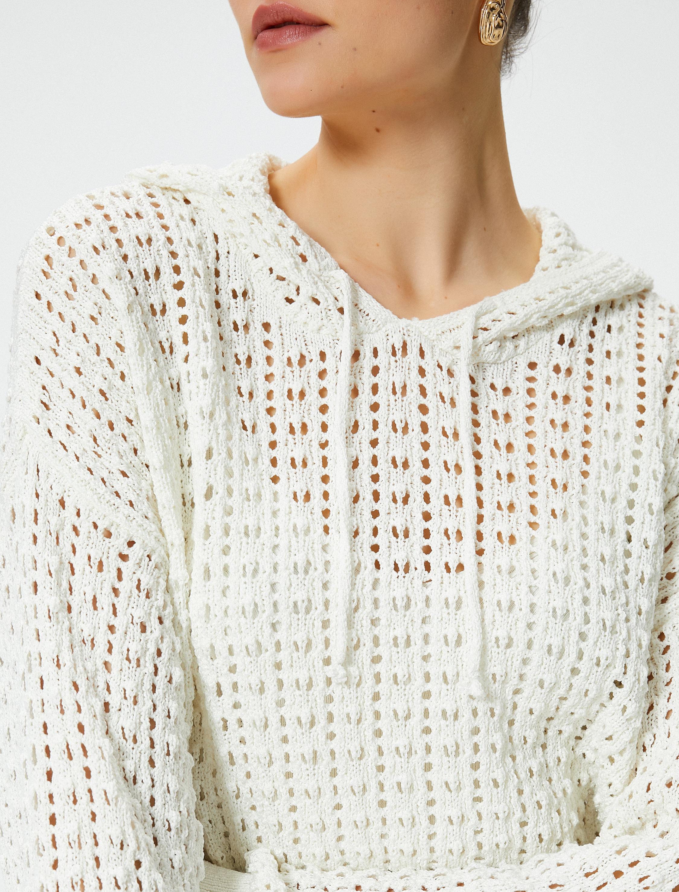 Crop Ajurlu Kazak Kapüşonlu Uzun Kollu