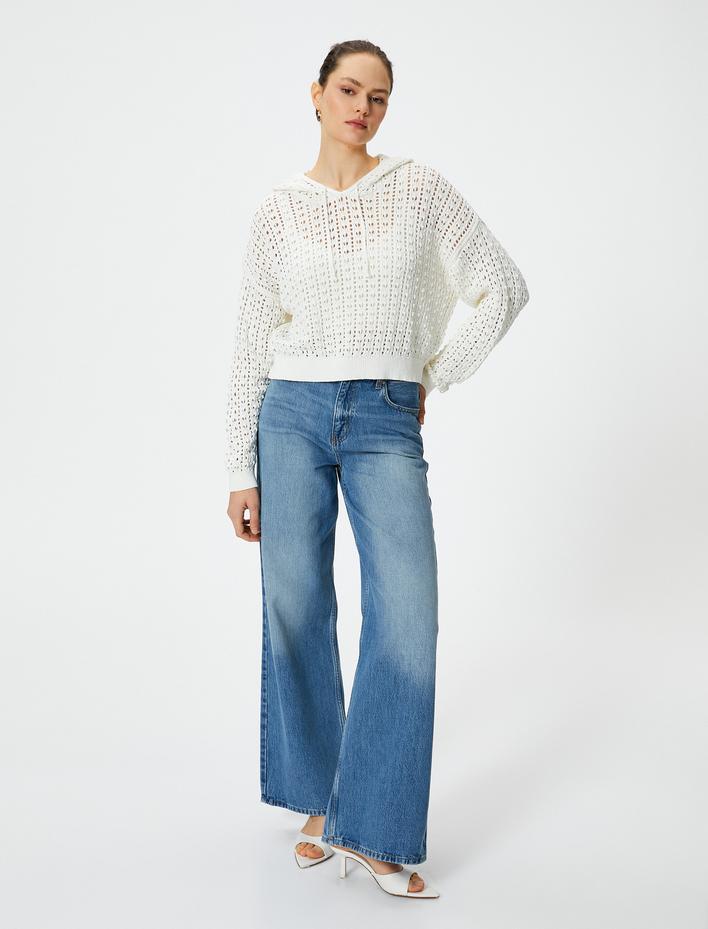  Crop Ajurlu Kazak Kapüşonlu Uzun Kollu