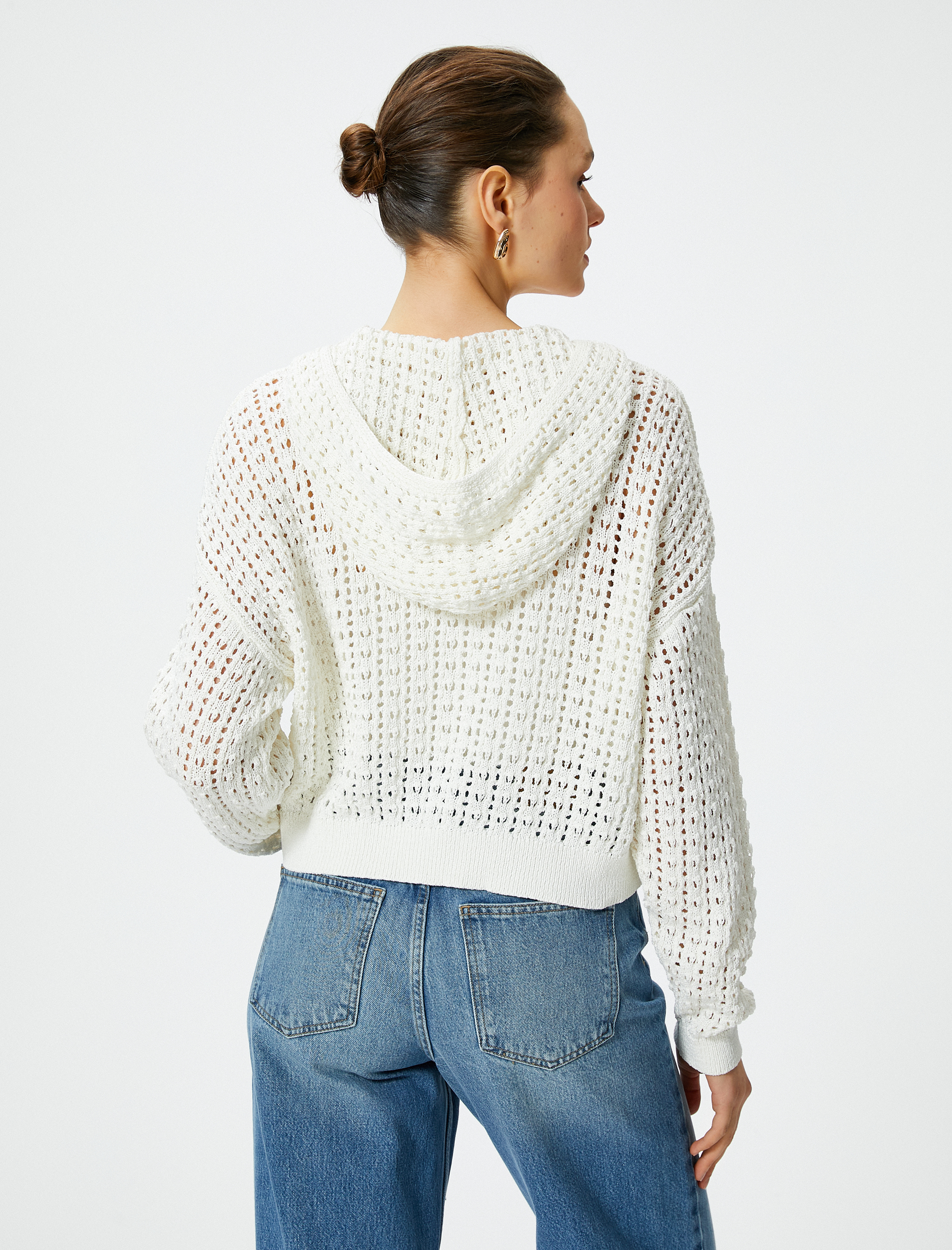 Crop Ajurlu Kazak Kapüşonlu Uzun Kollu