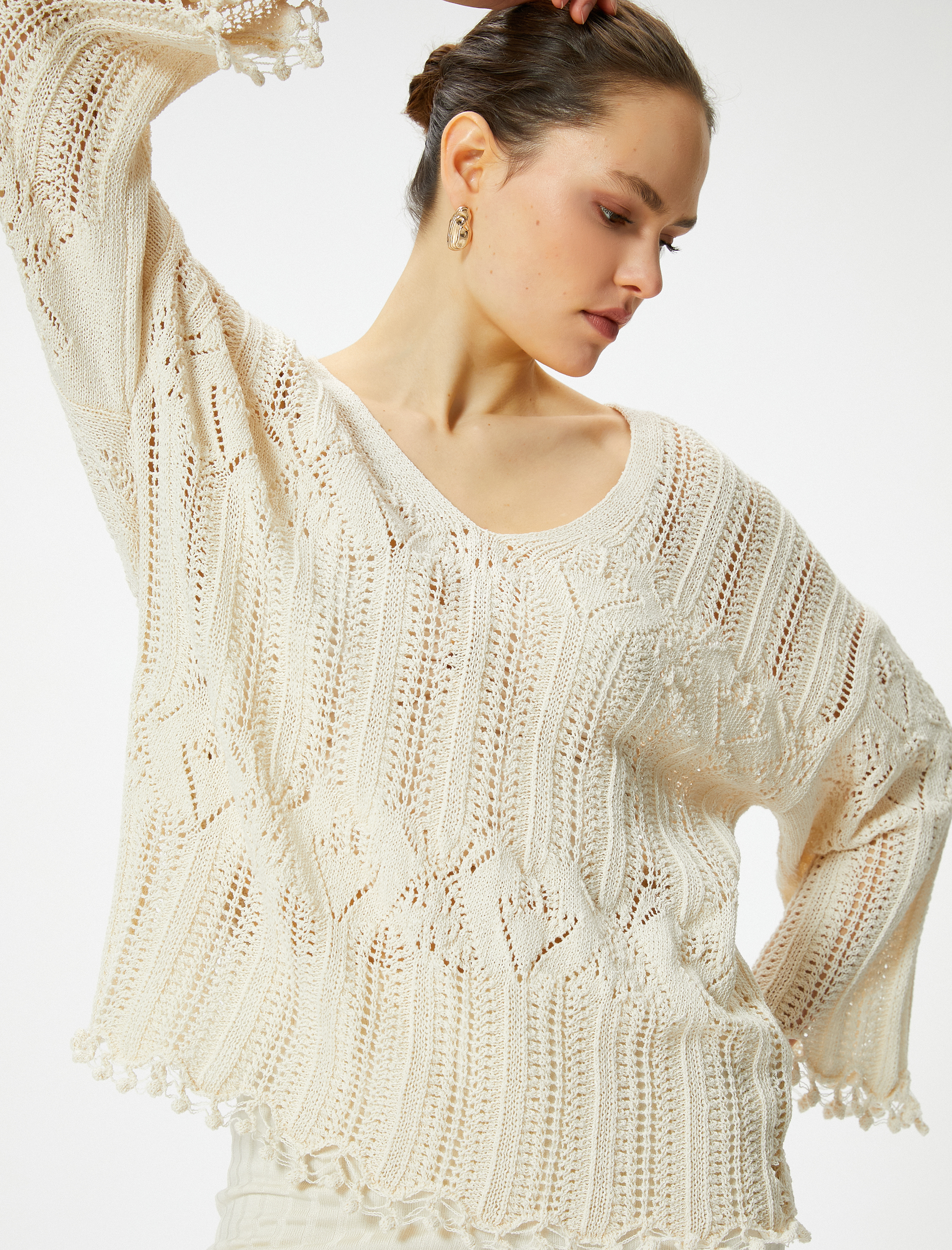   Ajurlu Kazak V Yaka Uzun Kollu