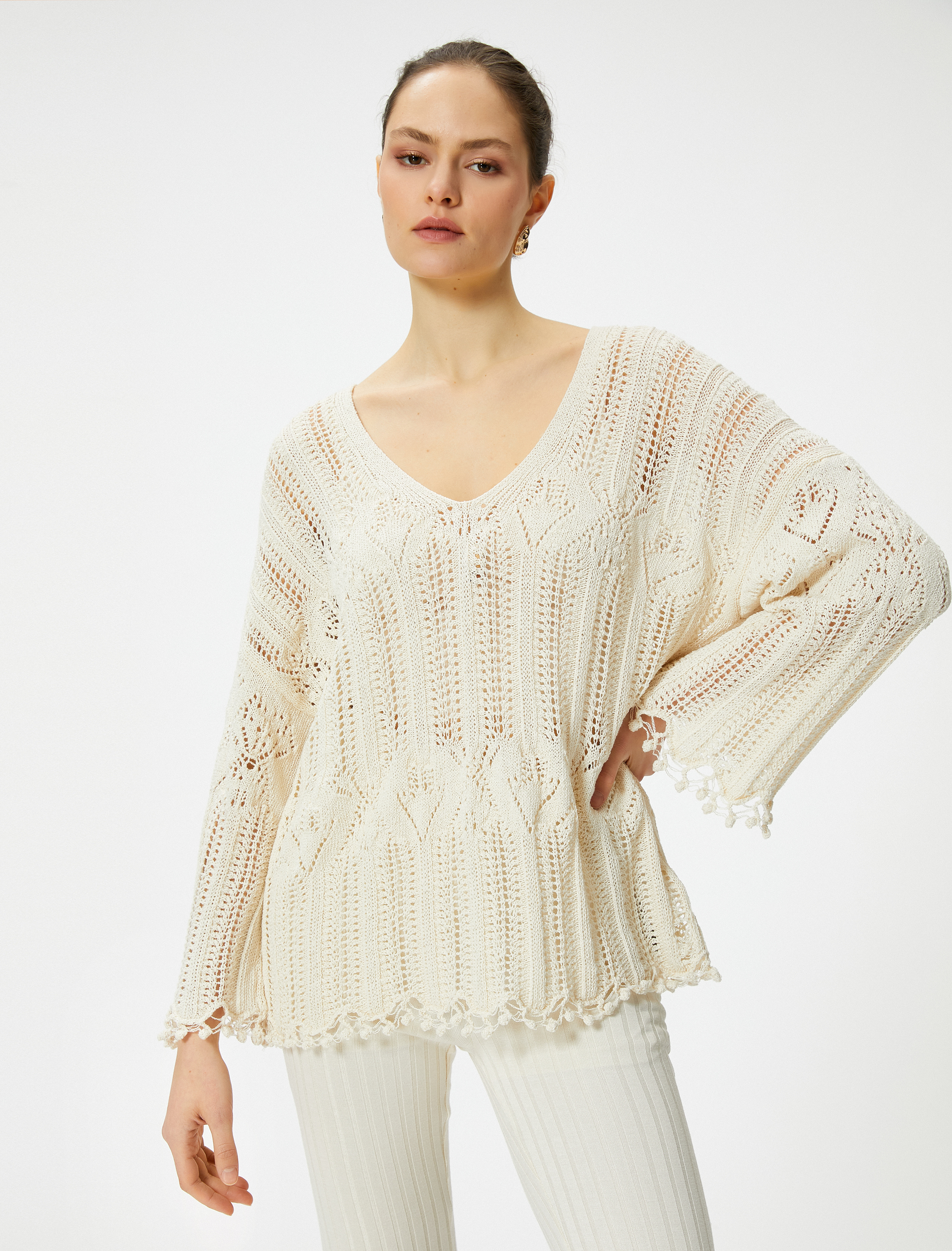   Ajurlu Kazak V Yaka Uzun Kollu