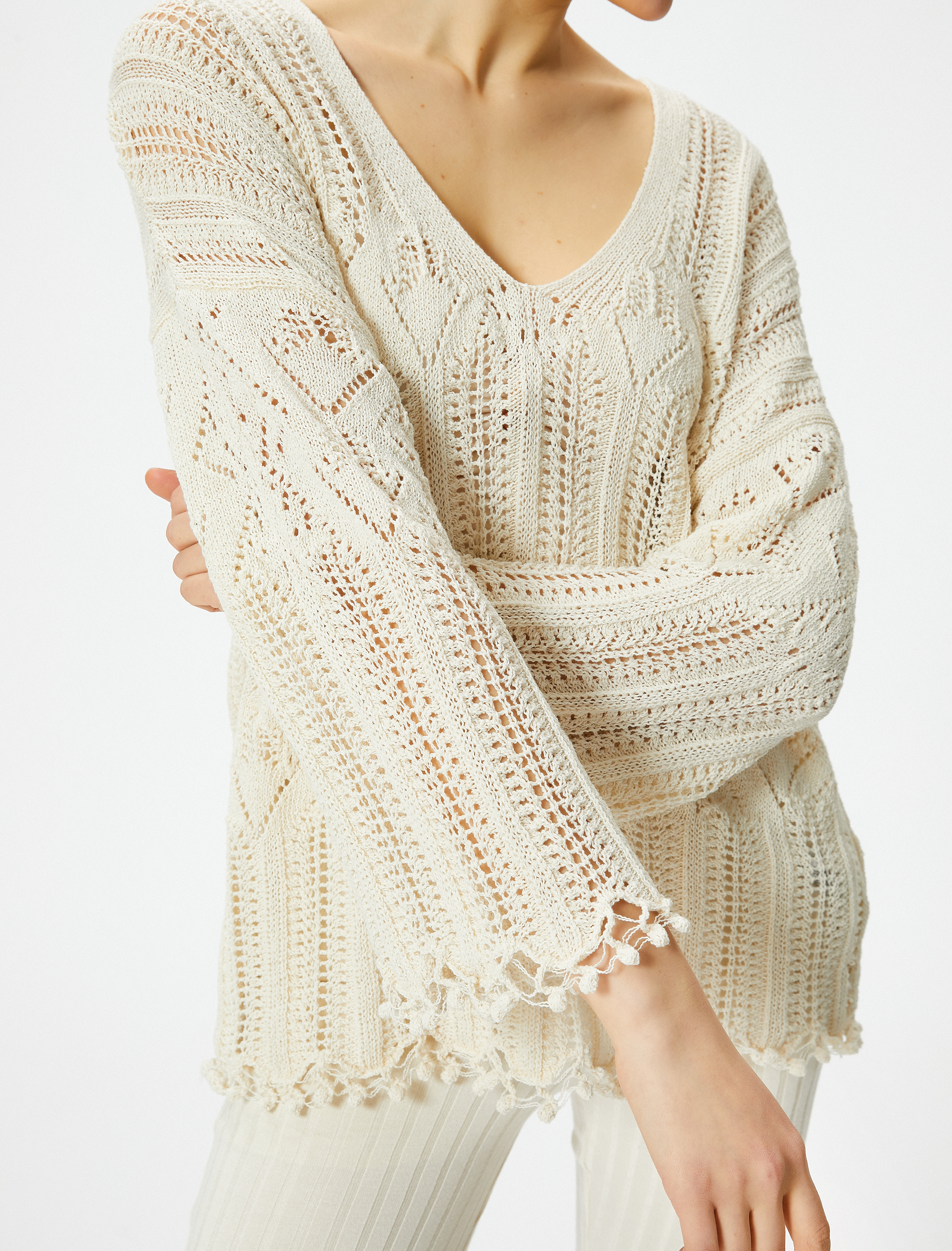   Ajurlu Kazak V Yaka Uzun Kollu