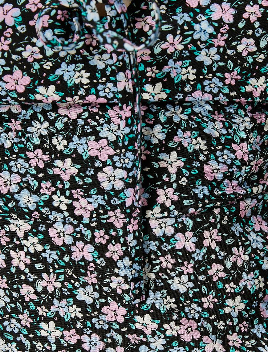   Çiçekli Mini Elbise Askılı Fırfırlı Astarlı Viskoz Kumaş Fiyonk Detaylı