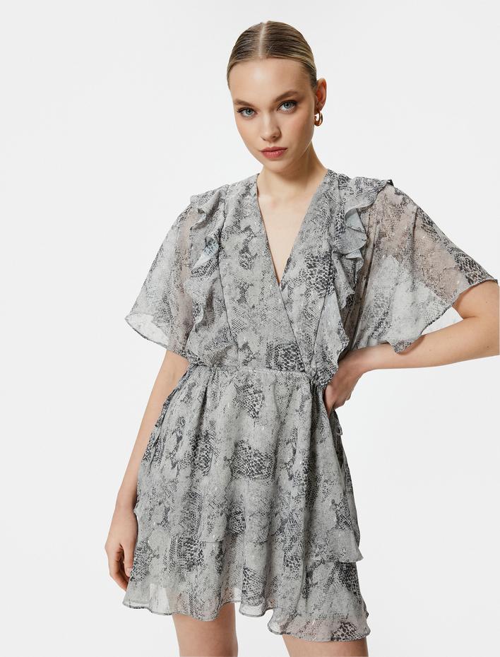  Fırfırlı Mini Elbise Yarasa Kol V Yaka Astarlı