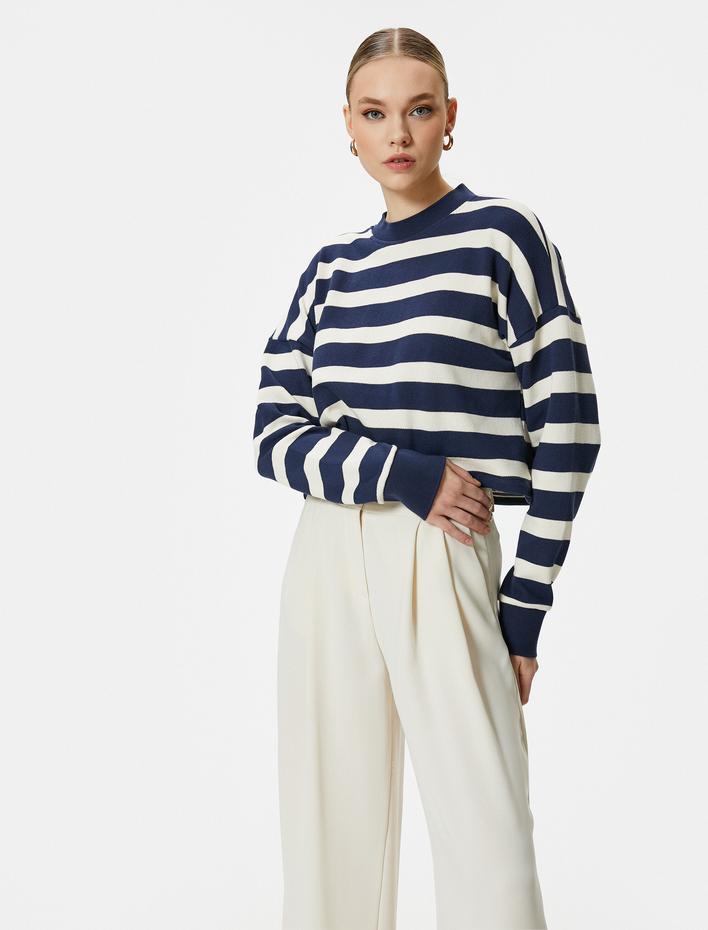  Bisiklet Yaka Sweatshirt Düşük Omuzlu Uzun Kollu