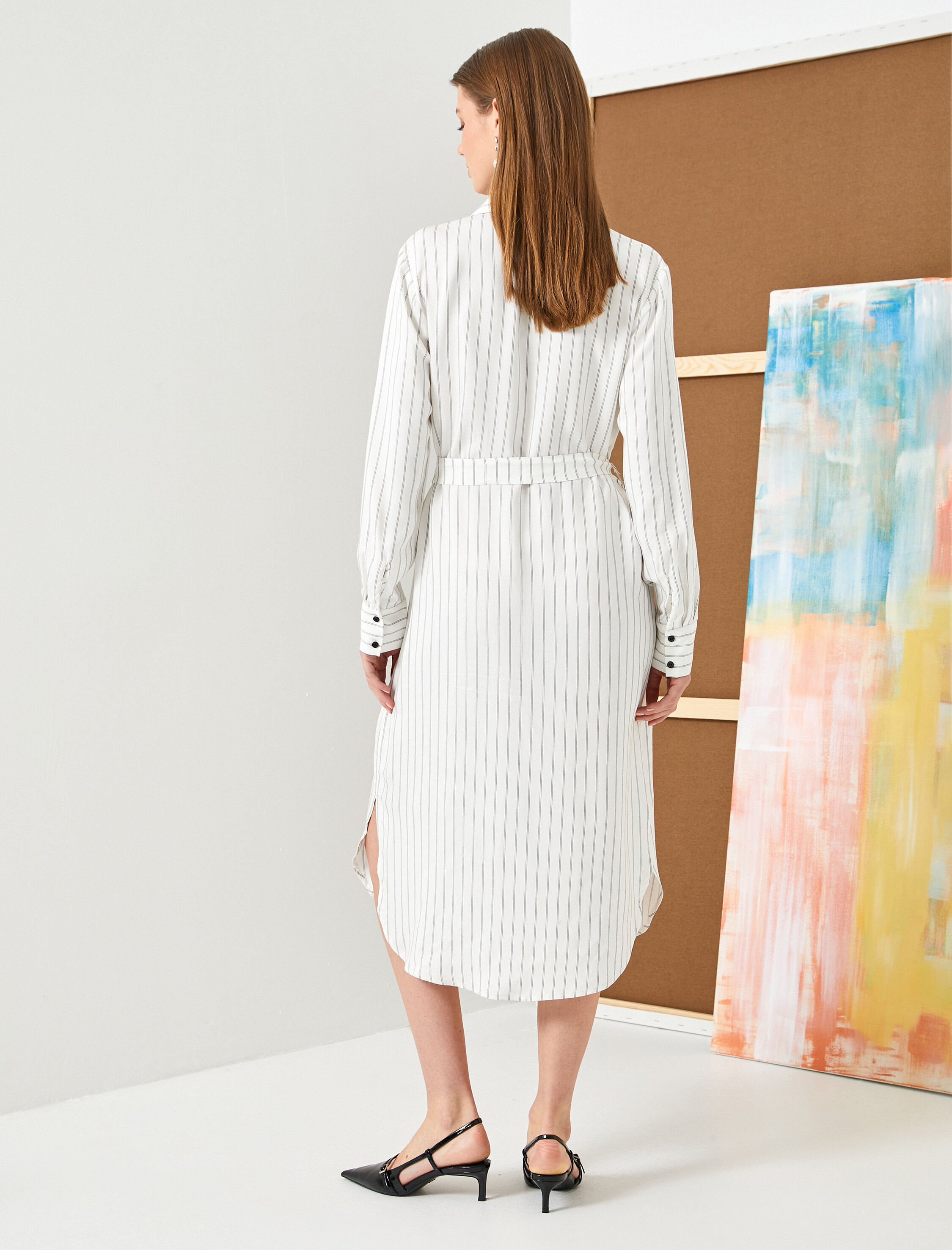   Midi Boy Gömlek Elbise Viskon Beli Kuşaklı Düğmeli