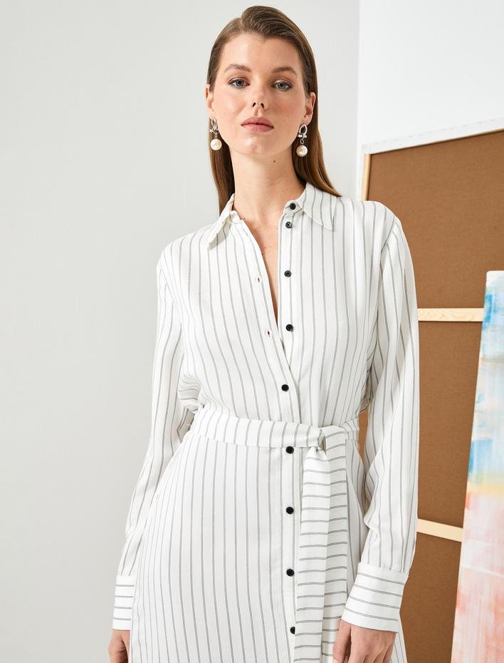  Midi Boy Gömlek Elbise Viskon Beli Kuşaklı Düğmeli