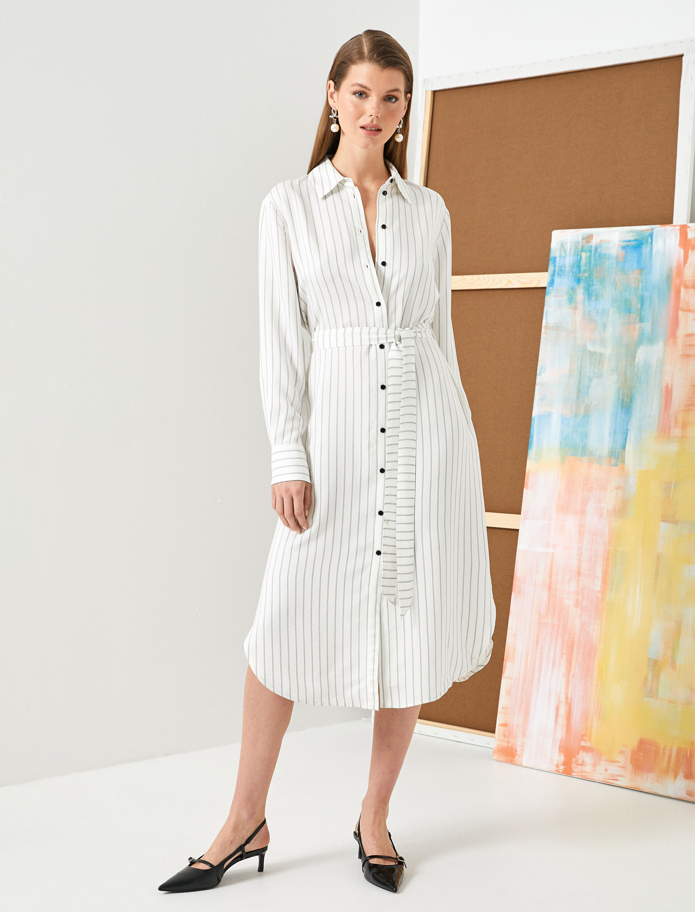   Midi Boy Gömlek Elbise Viskon Beli Kuşaklı Düğmeli