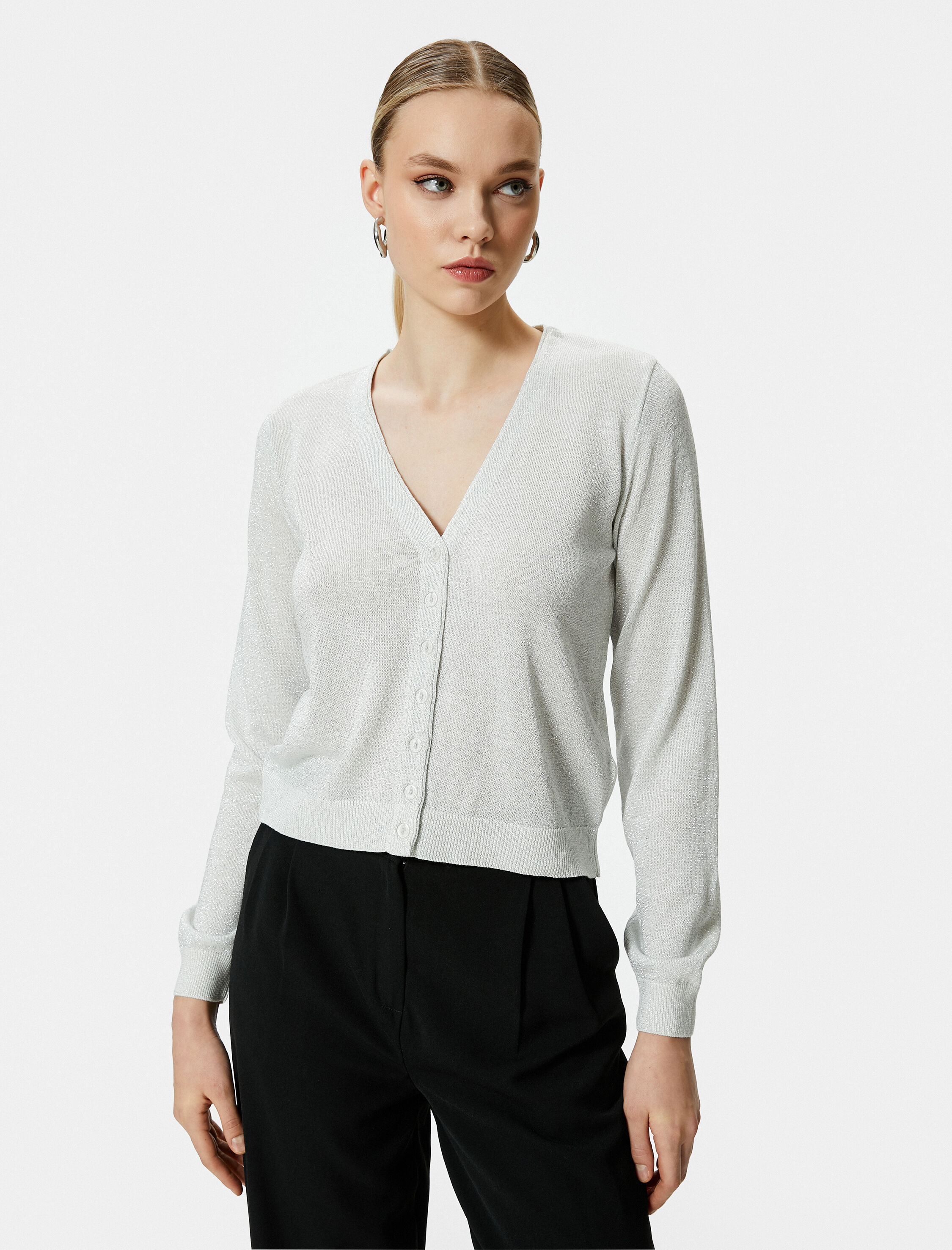   Triko Hırka Simli V Yaka Düğmeli