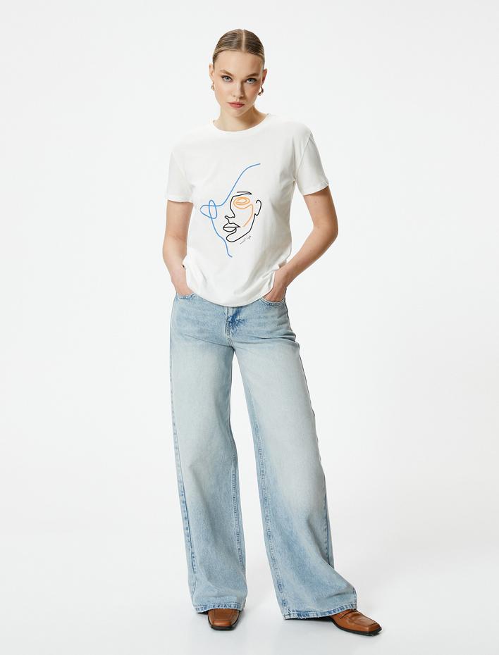  Baskılı Tişört Kısa Kollu Bisiklet Yaka Pamuklu