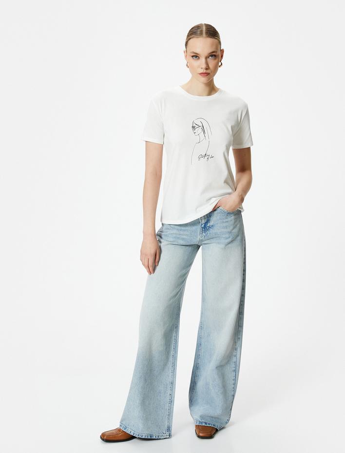  Baskılı Tişört Kısa Kollu Bisiklet Yaka Pamuklu