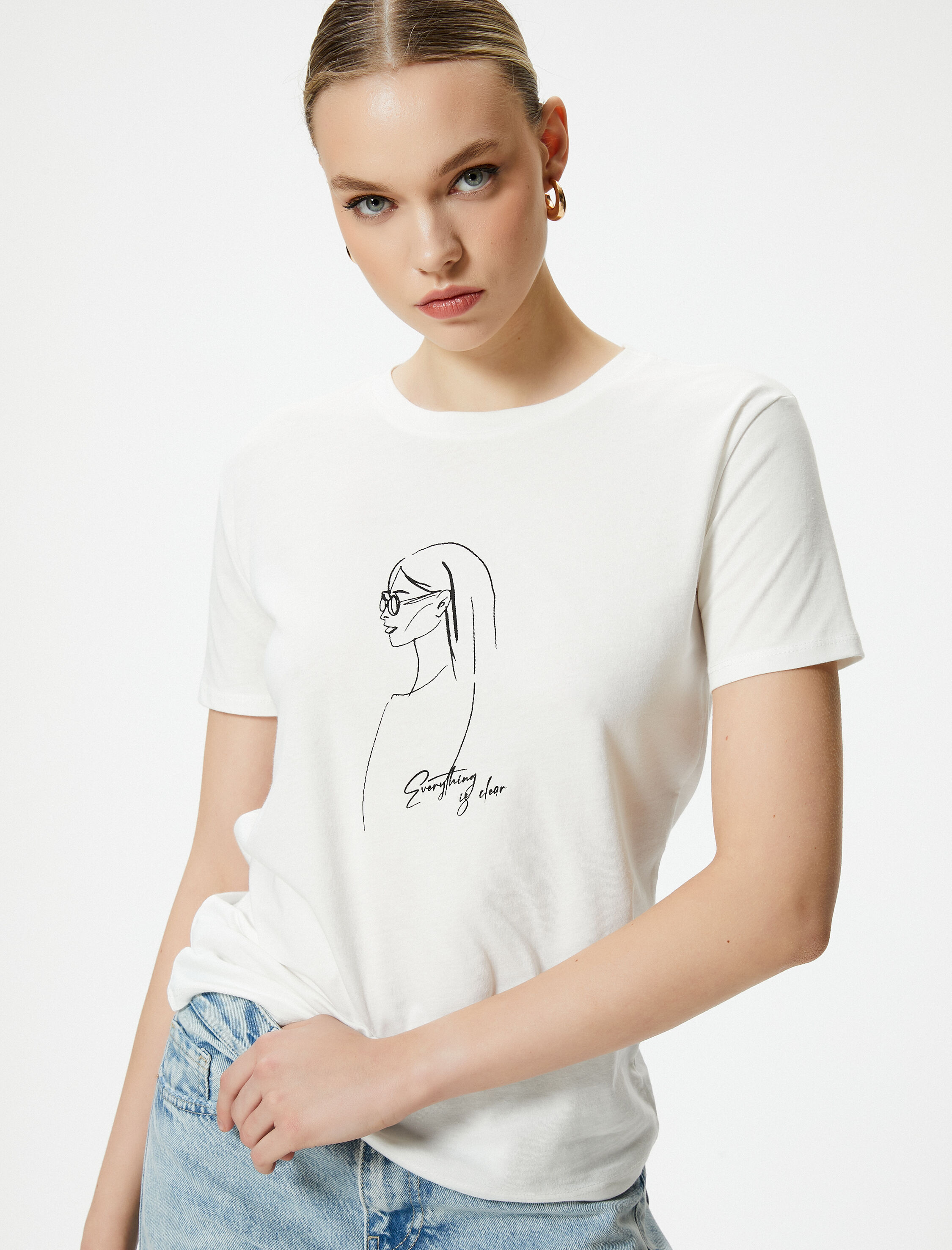 Koton Kadın Baskılı T-Shirt Kısa Kollu Bisiklet Yaka Pamuklu
