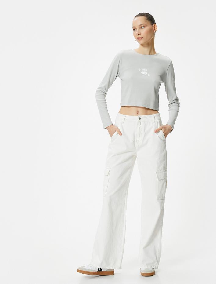  Uzun Kollu Tişört Kayık Yaka Baskılı Pamuklu