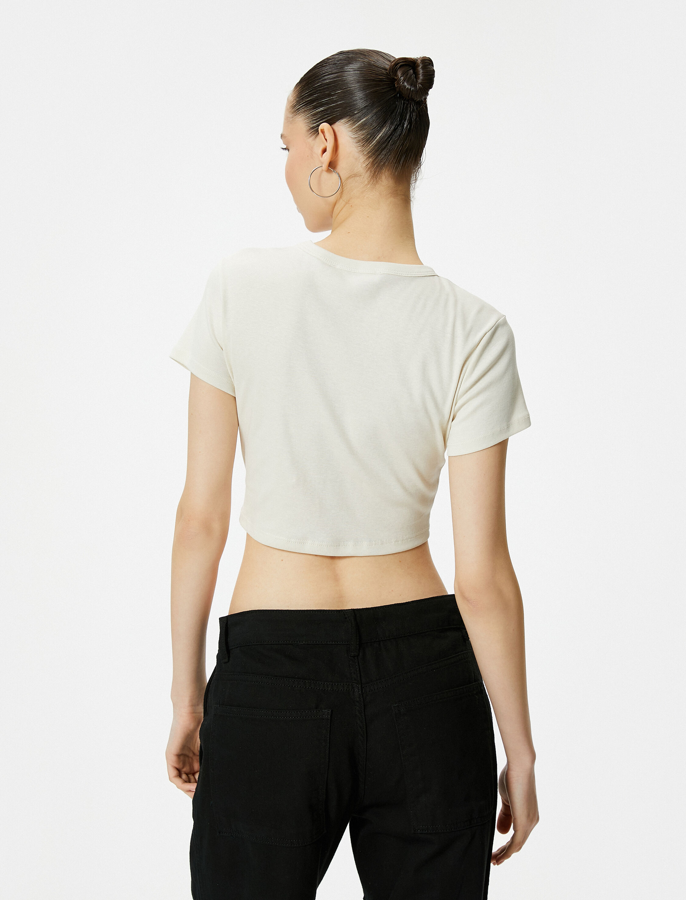   Crop Tişört Baskılı Kısa Kollu Bisiklet Yaka Pamuklu