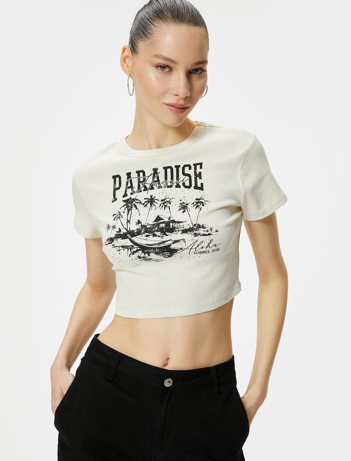  Crop Tişört Baskılı Kısa Kollu Bisiklet Yaka Pamuklu