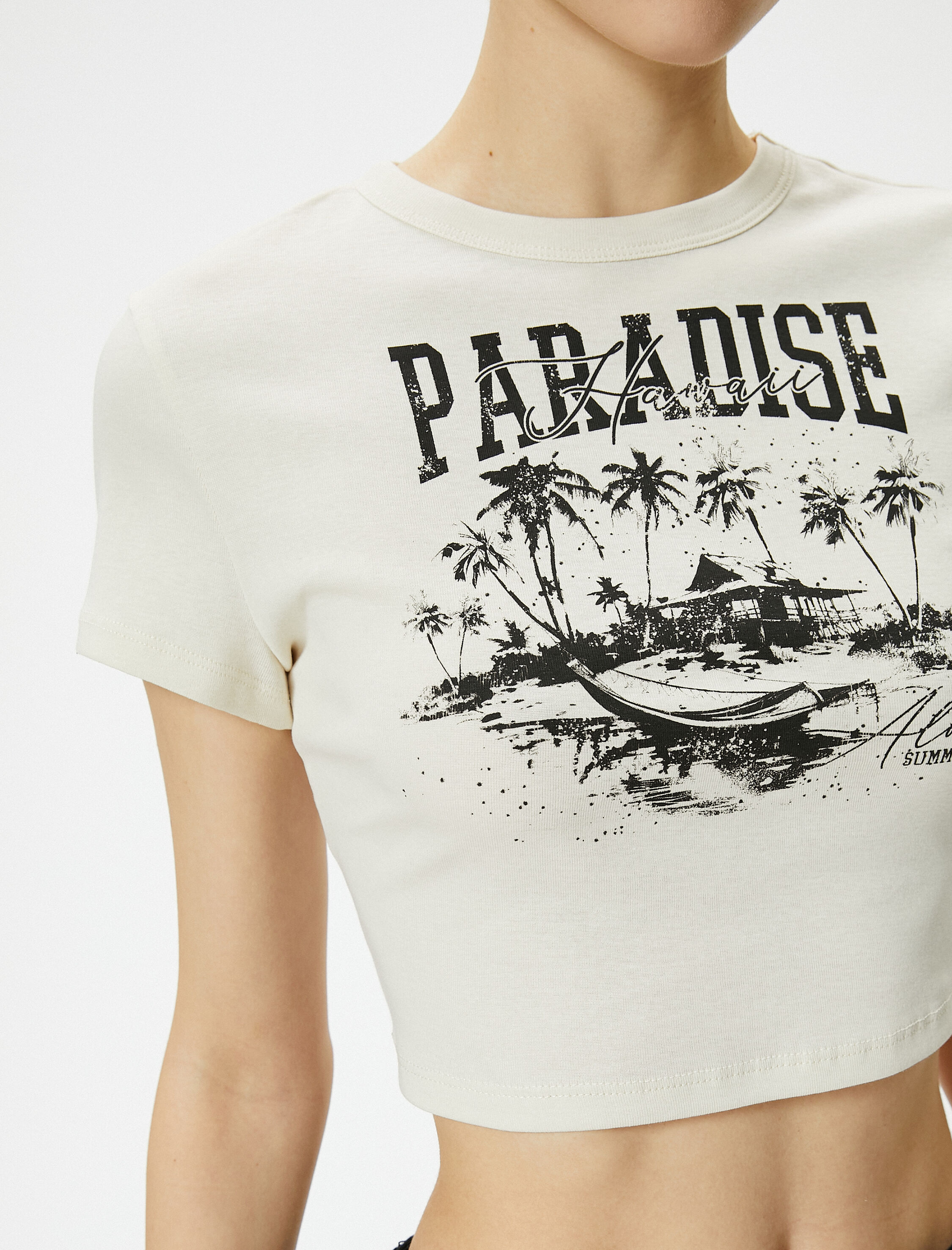   Crop Tişört Baskılı Kısa Kollu Bisiklet Yaka Pamuklu