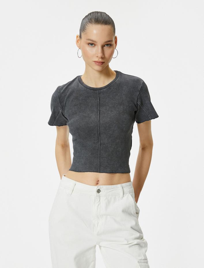  Crop Tişört Soluk Efektli Kısa Kollu Bisiklet Yaka Pamuklu