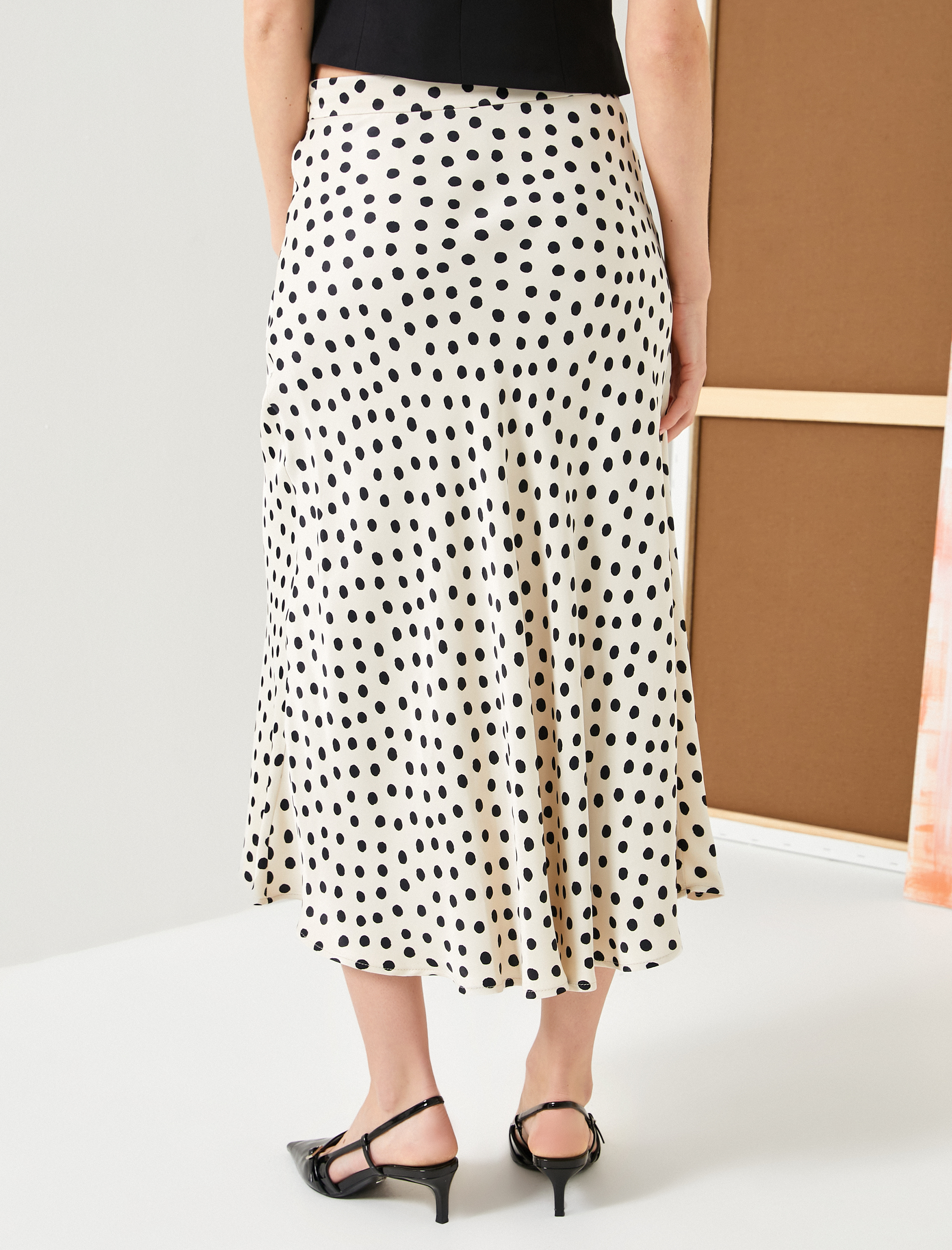   Midi Puantiyeli Etek Kloş Yüksek Bel