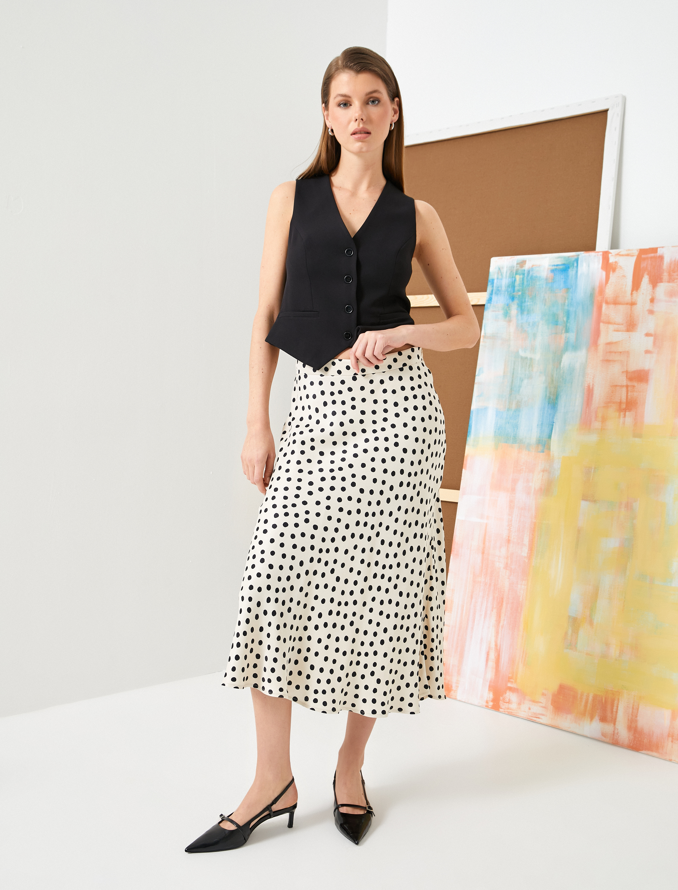   Midi Puantiyeli Etek Kloş Yüksek Bel