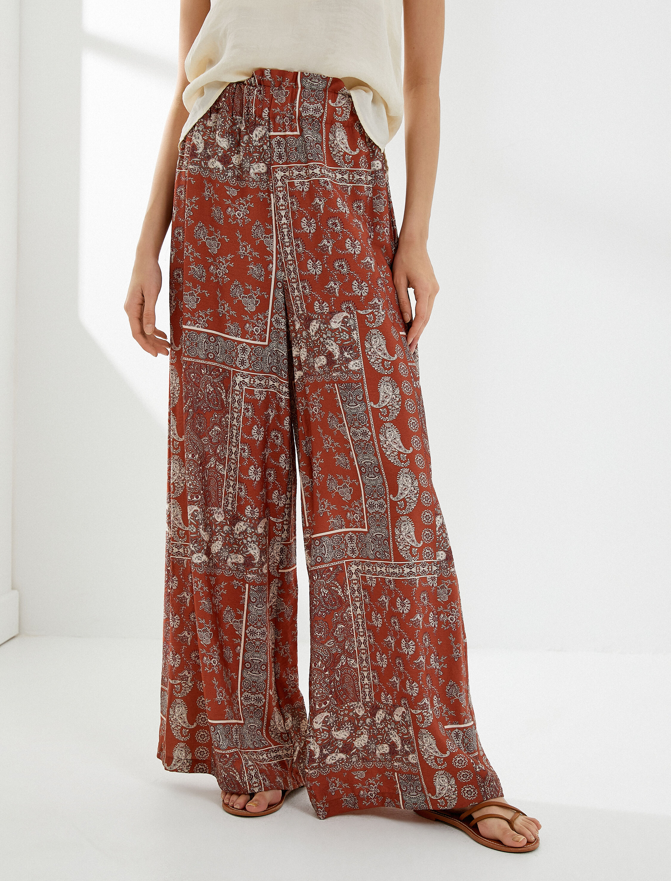   Bol Paça Pantolon Yüksek Bel Lastikli Etnik Desenli Viskon