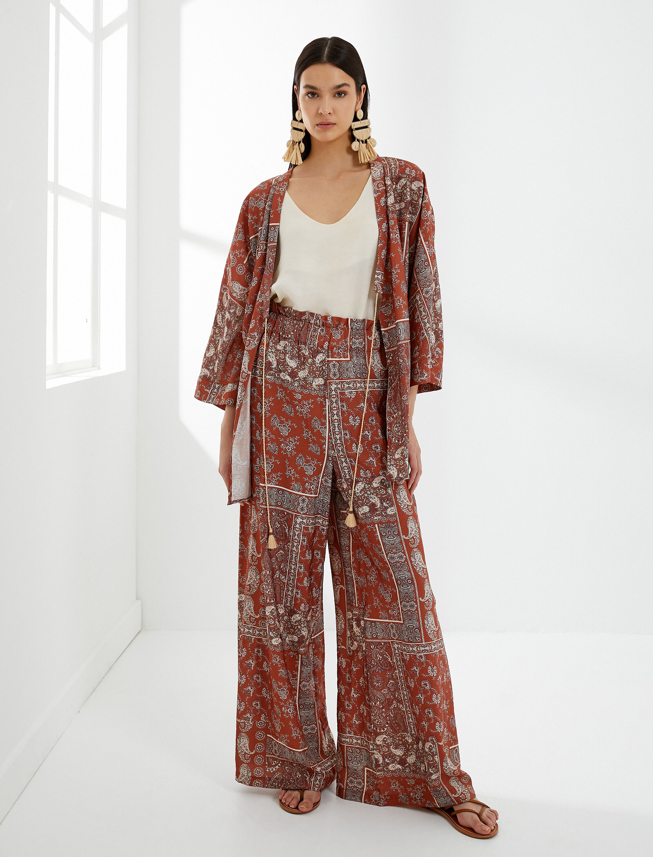   Bol Paça Pantolon Yüksek Bel Lastikli Etnik Desenli Viskon