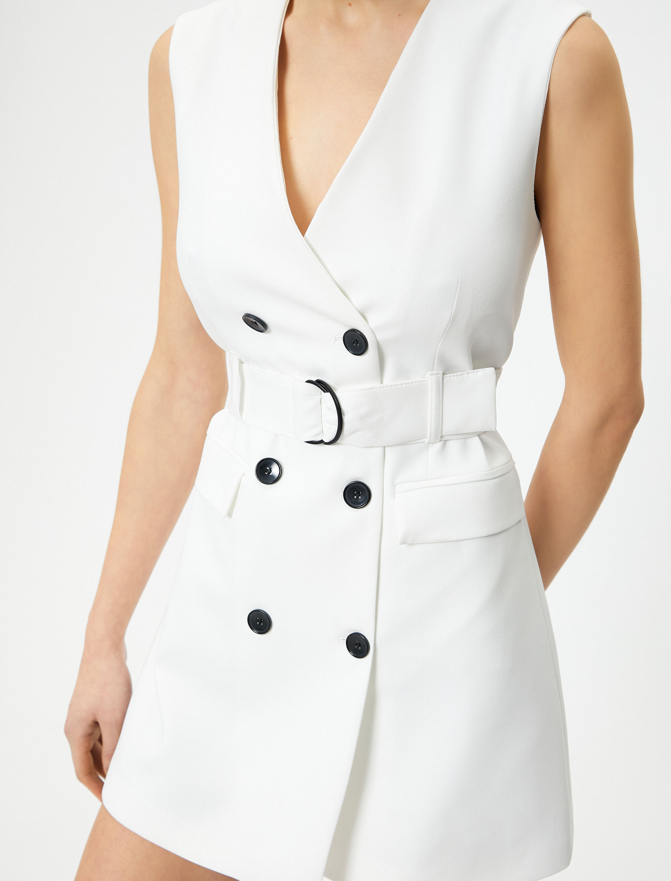   Ceket Elbise Kruvaze Düğmeli Kemerli V Yaka