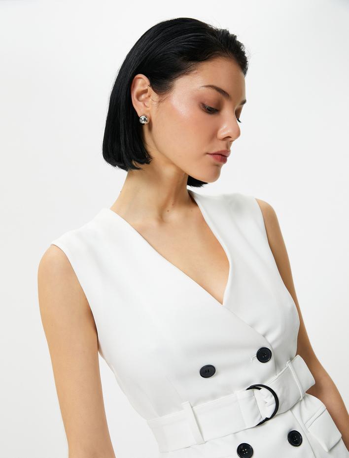  Ceket Elbise Kruvaze Düğmeli Kemerli V Yaka