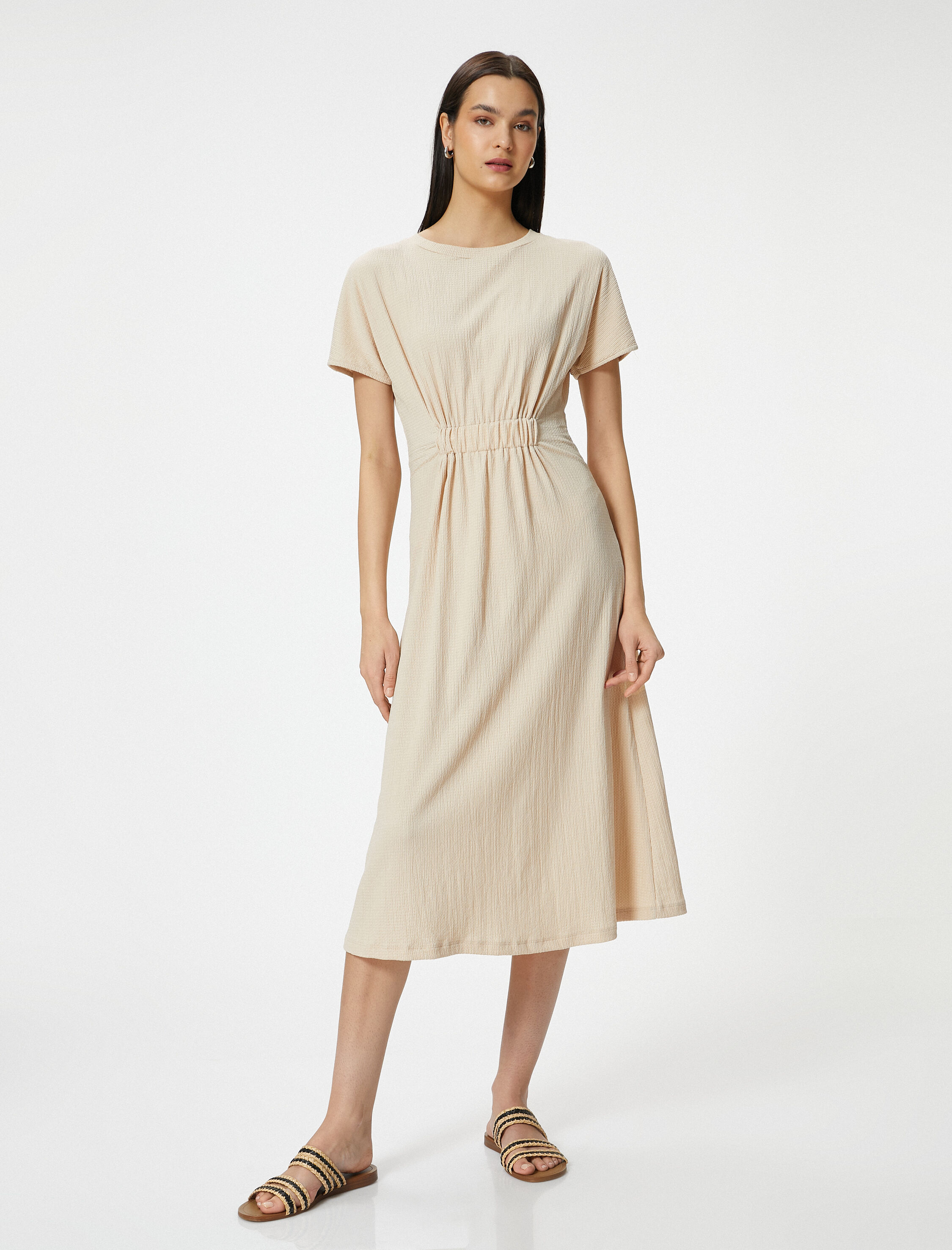   Midi Elbise Bisiklet Yaka Kısa Kollu Beli Büzgü Detaylı