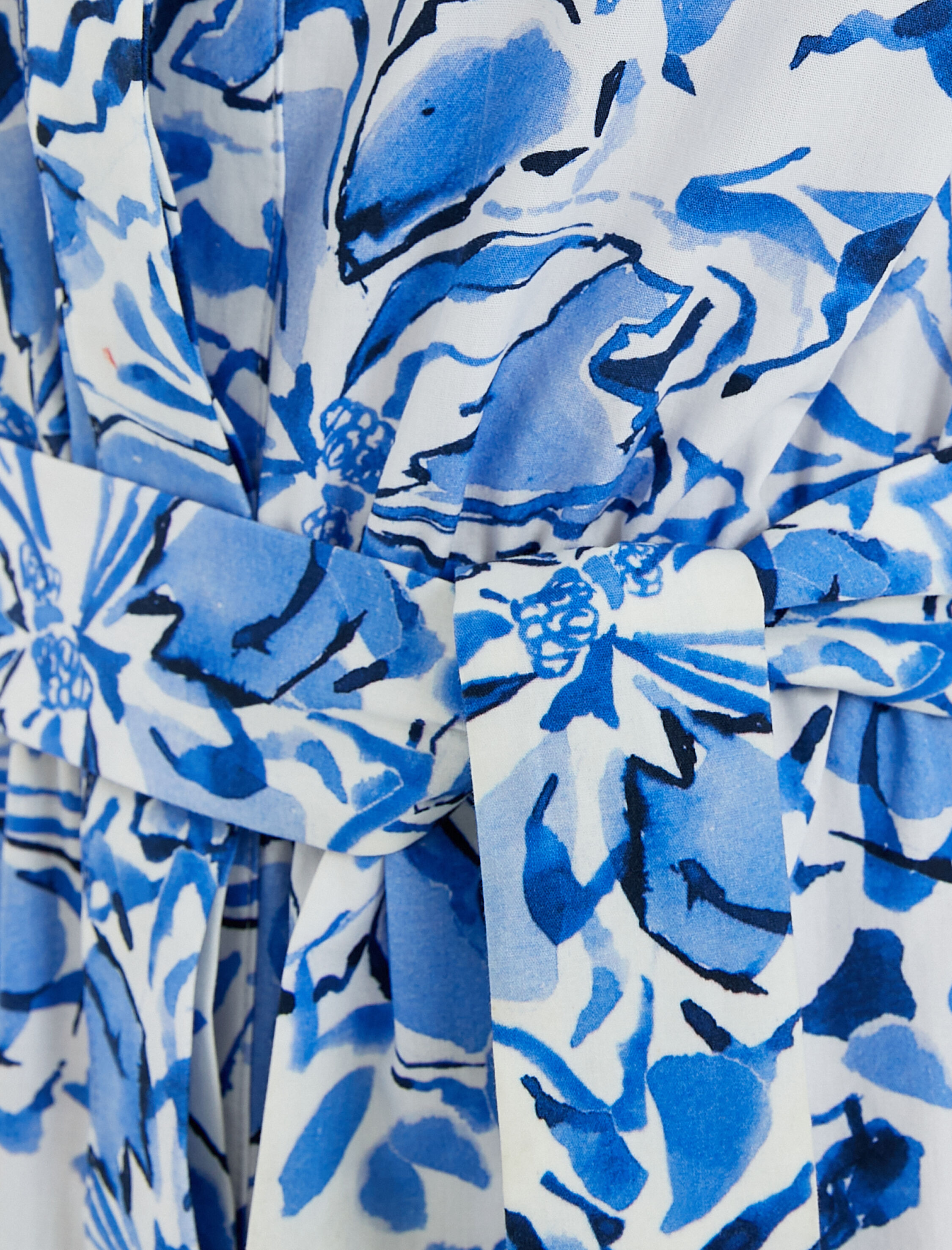   Çiçekli Gömlek Elbise Midi Düğmeli Kuşaklı Kısa Kollu