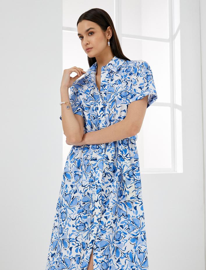  Çiçekli Gömlek Elbise Midi Düğmeli Kuşaklı Kısa Kollu