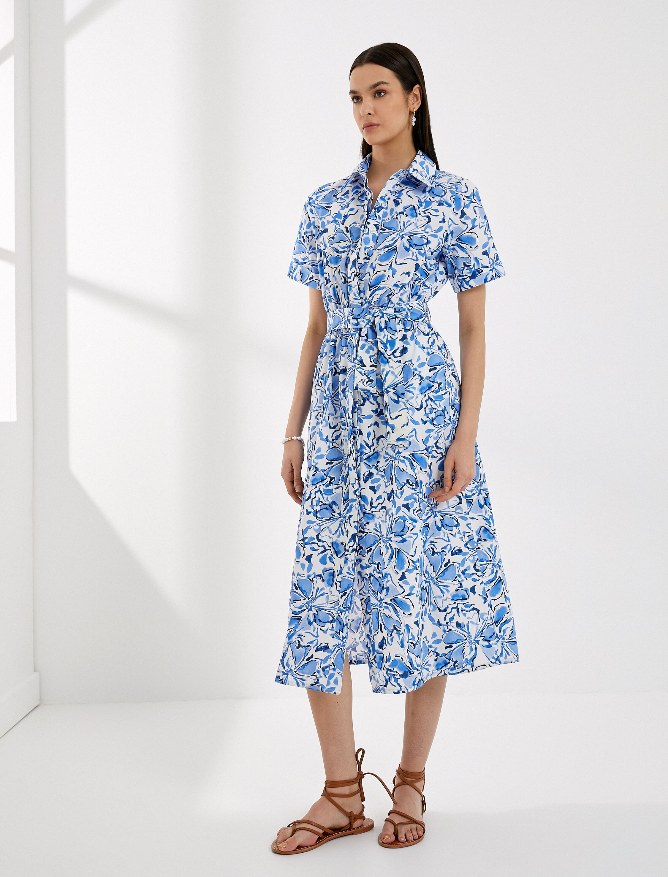   Çiçekli Gömlek Elbise Midi Düğmeli Kuşaklı Kısa Kollu