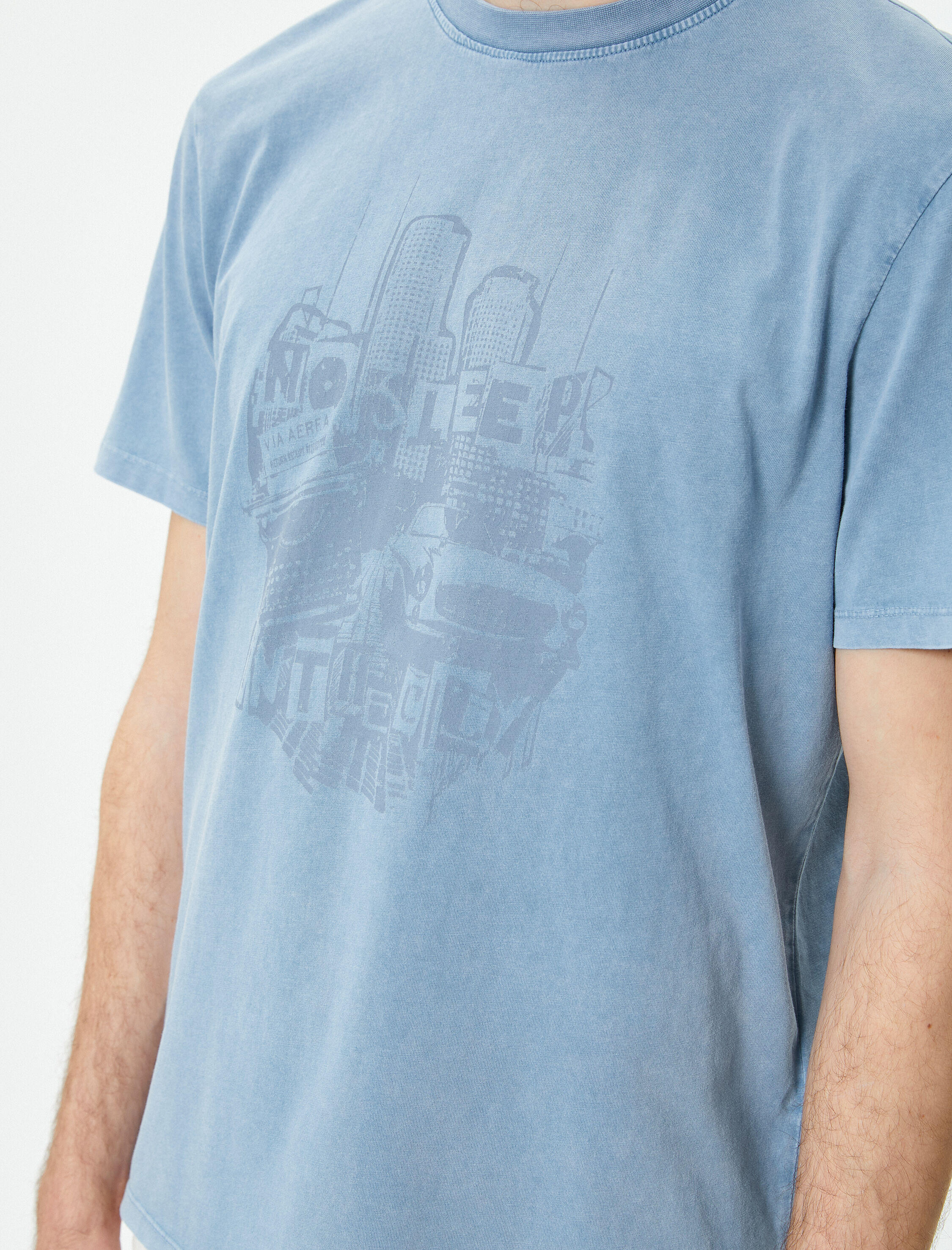   Baskılı Tişört Yıkamalı Bisiklet Yaka Kısa Kollu