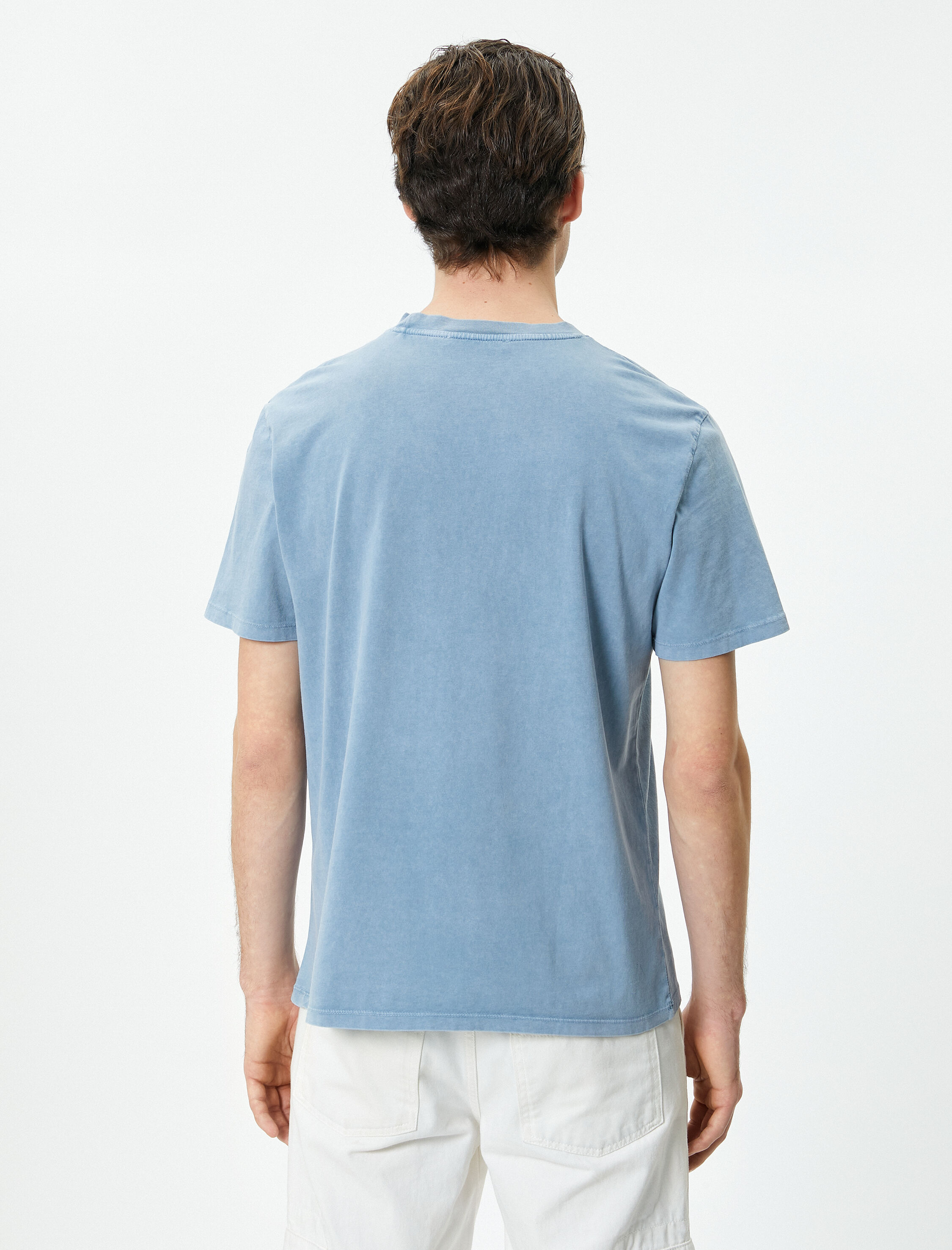   Baskılı Tişört Yıkamalı Bisiklet Yaka Kısa Kollu