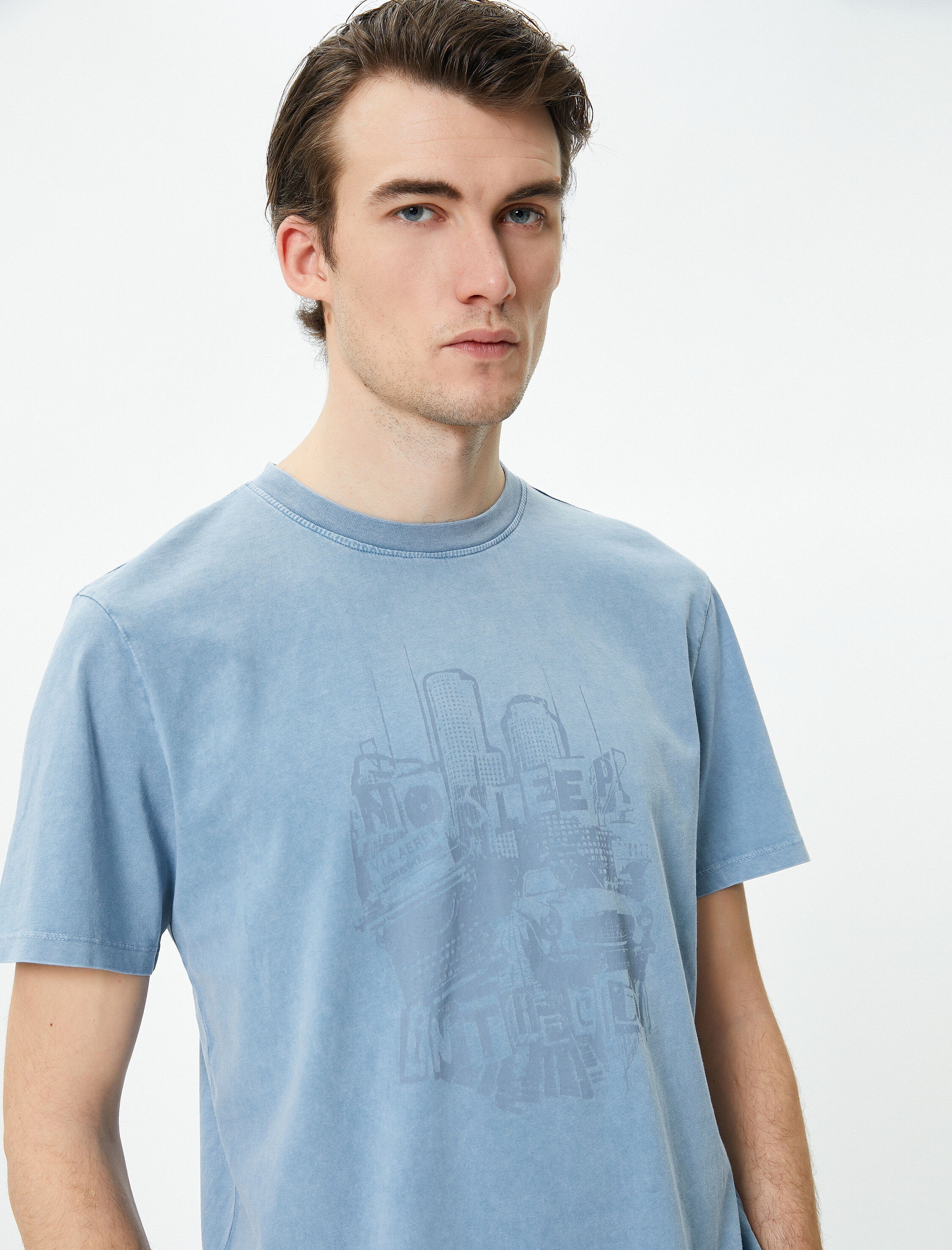   Baskılı Tişört Yıkamalı Bisiklet Yaka Kısa Kollu